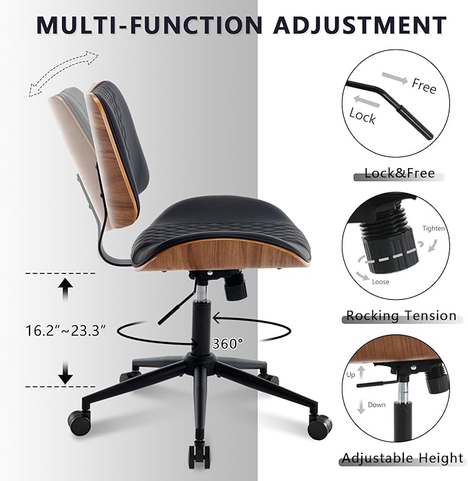 Home Office Chair No Arms with Wheels, Adjustable Height Small Desk Chair