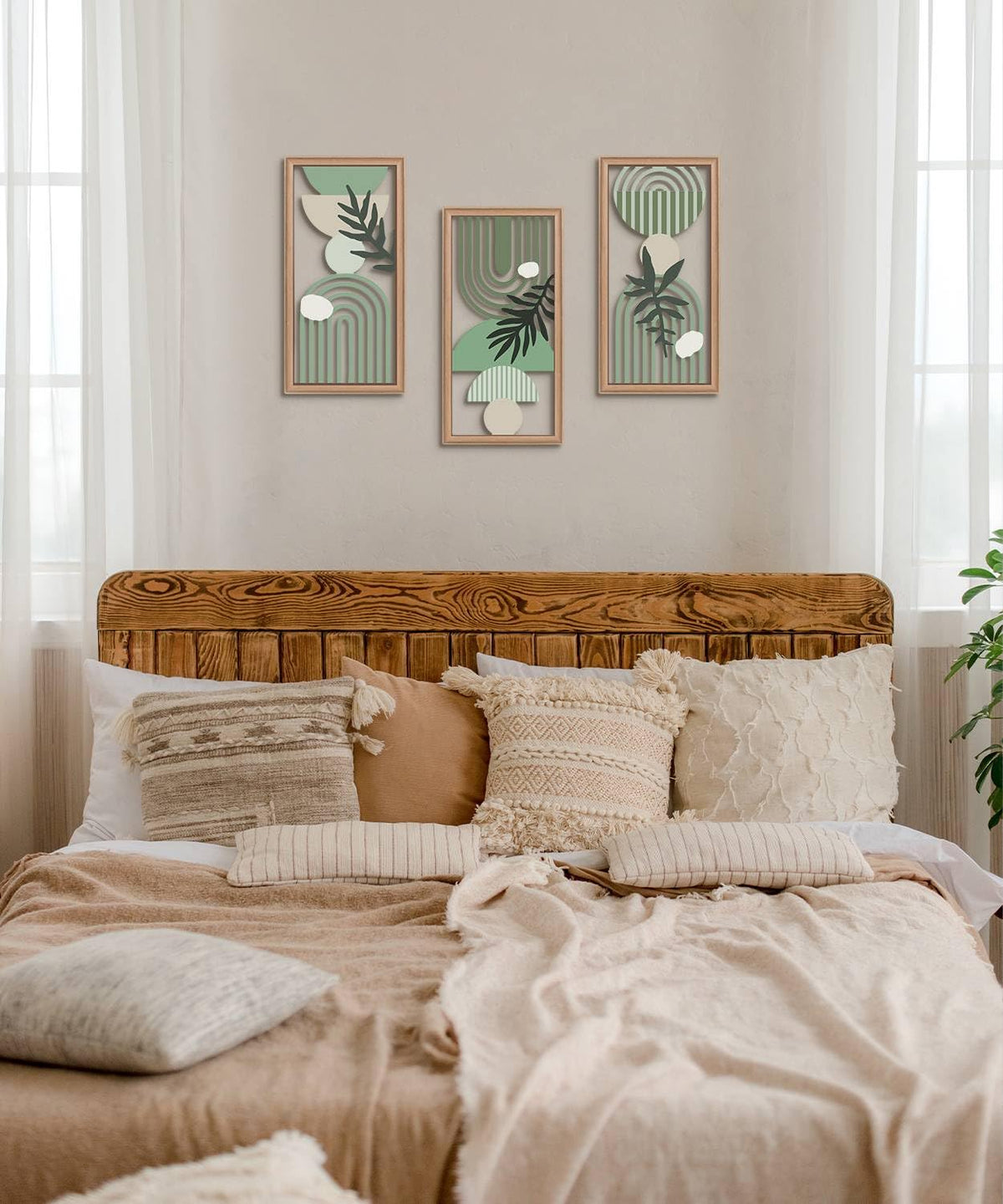 Putuo Decor Boho Wall Art Set of 3, Green Botanical Wooden Wall Decor, Abstract Aesthetic Room Decorations, Mid-Century Modern Artwork for Living Room, Bedroom, Office Green 16.5 x 8.6 inch
