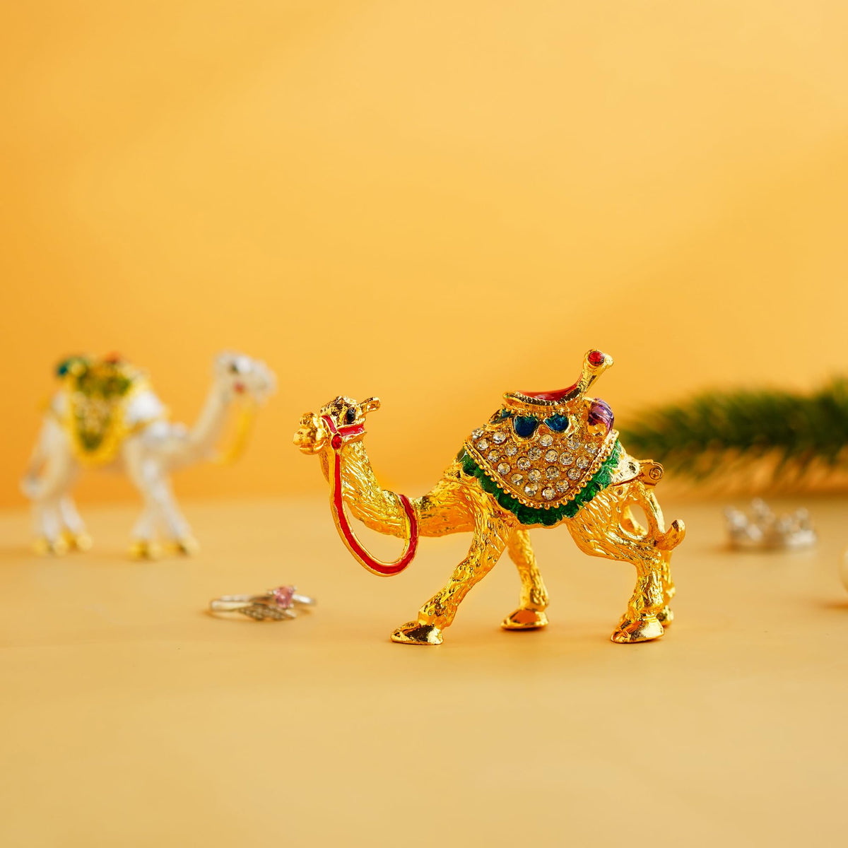 YU FENG 2.4" Golden Crystal Camel Figurines Decor Ornament,Golden Enamel Camel Statues Animal Trinket Jewelry Box Hinged Christmas Gift