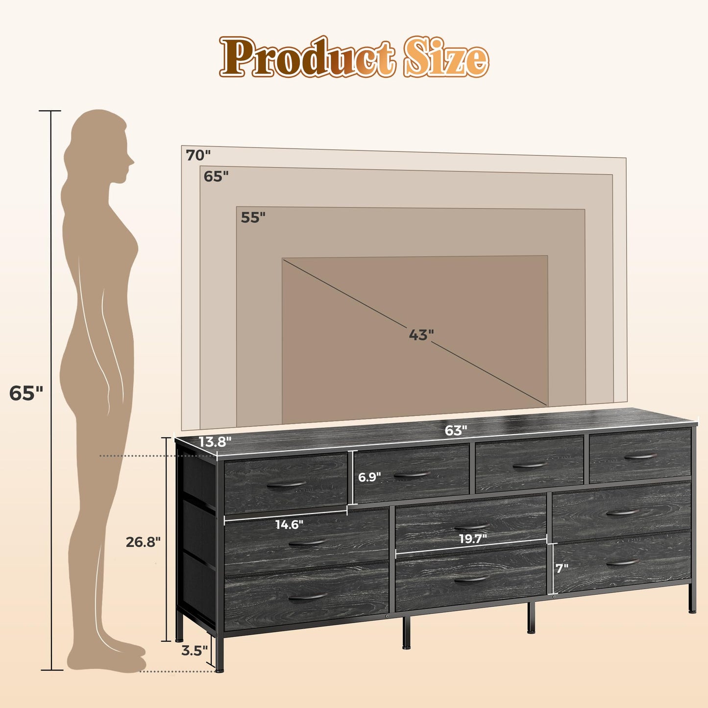 Huuger 63 Inch Dresser for Bedroom, Long Dresser with 10 Fabric Drawers, Large TV Stand for 55, 65, 70 Inch TV, Toy Storage Organizer for Closet, Charcoal Black Wood Grain Print
