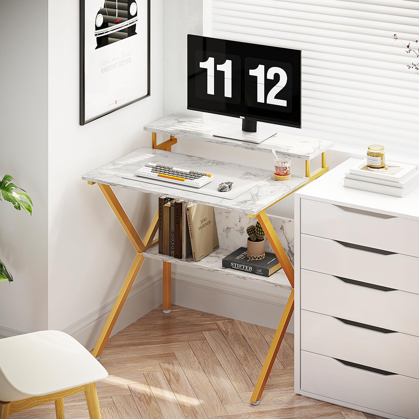 ODK Small Desk, 27.5 Inch Computer Desk for Small Spaces, Study Desk with Storage & Monitor Stand, White Marble + Gold Leg