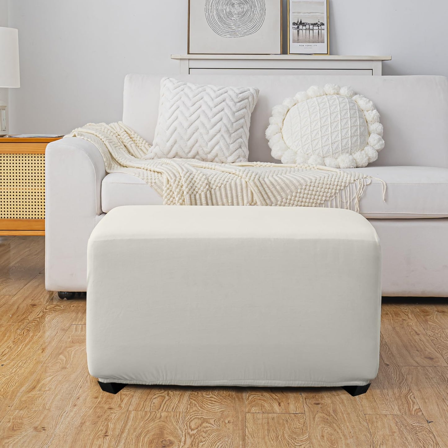 UOIJAY Super Stretch Ottoman Cover- Soft Form Fit Ottoman Cover Rectangular Ottoman Slipcovers for Folding Storage Furniture, Footstool Cover with Nonslip Elastic Bottom (Large, Beige)