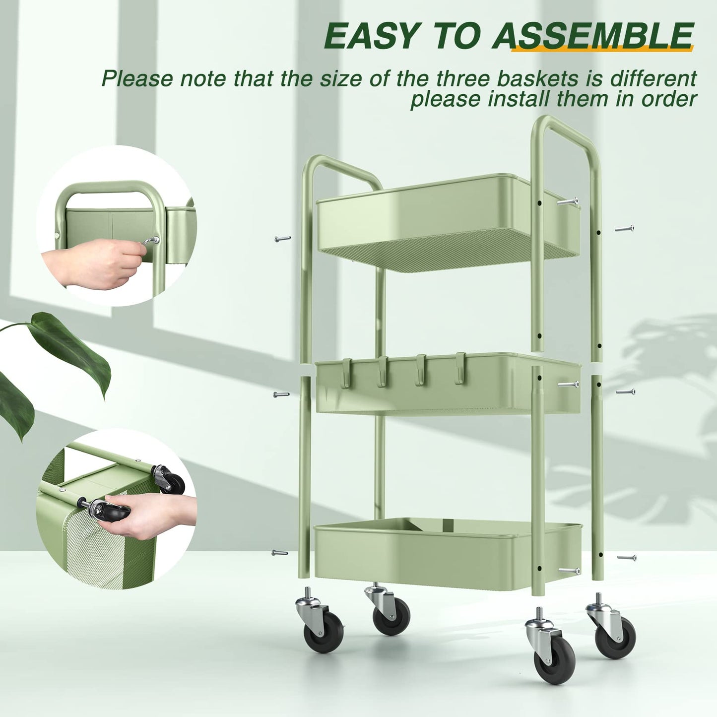 LEHOM 3 Tier Rolling Cart, Metal Rolling Utility Cart with Lockable Wheels & Hooks, Multi-Functional Heavy Duty Storage Cart Organizer for Bathroom, Kitchen, Office, Living Room