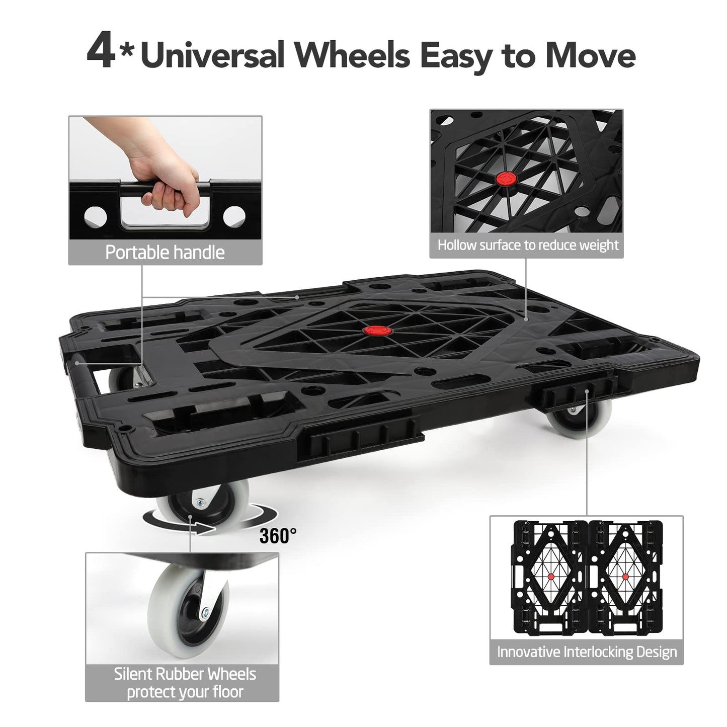 Nellyke Furniture Dolly, 2 Pack Large Flat Furniture Dolly 4 Wheels Heavy Duty, 880Lbs Capacity with 120in Rope, Connectable and Portable Dollies for Heavy Appliance, Black