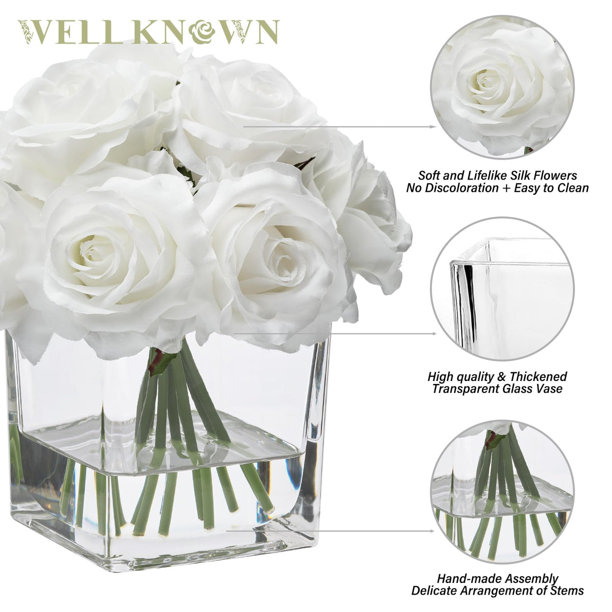 WELL KNOWN Rose Artificial Flowers in Vase with Faux Water, Ivory White Silk Rose Table Centerpieces for Home Coffee Table Decor, Fake Roses Flower Arrangements for Office Hotel Lavatory Decor