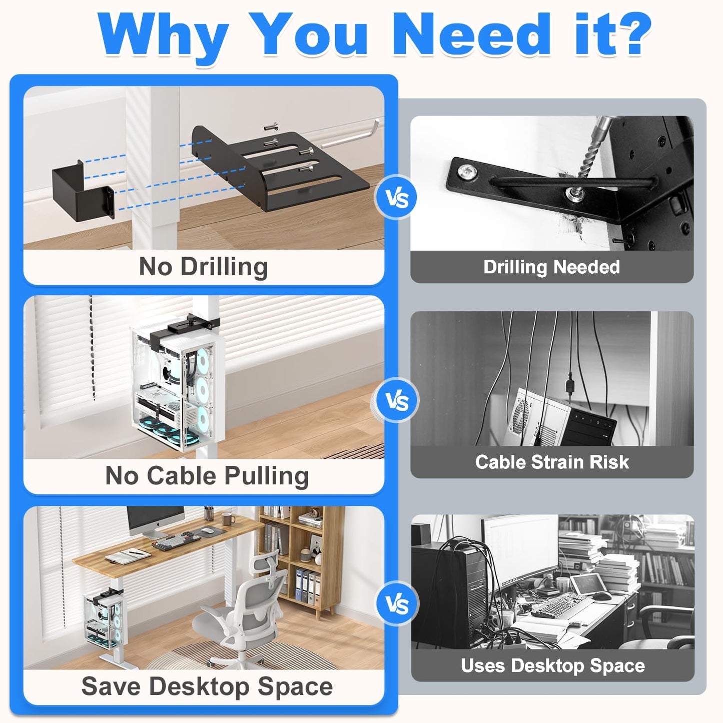 Under Desk PC Mount - No Drilling 40 lb Capacity, Fits 3 Fixed Desk Leg Sizes, CPU Holder Under Desk, Adjustable Clamp-on Desk Leg PC Mount for Standing Desk, with Non-Slip Pads, Black