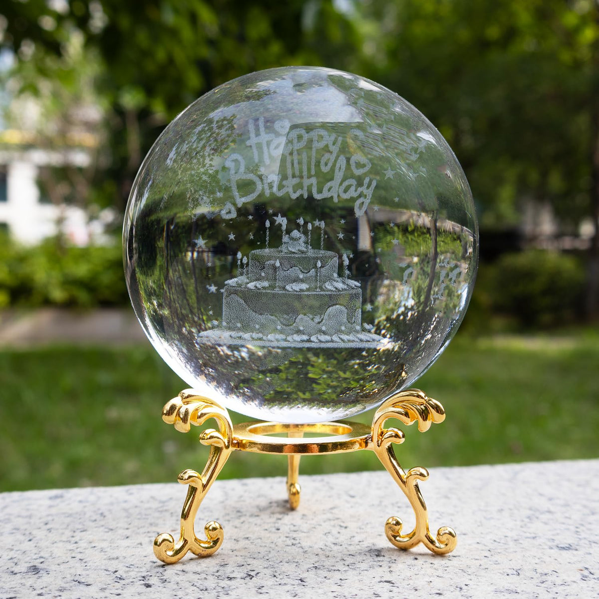 YINBEILIXU Crystal Ball with Metal Stand,3D Glass Ball Sphere, Crystal Figurine Clear Ball for Home Decoration, Party,Birthday,Anniversary,Wedding Decor, Gift,Photography (90mm, Cake)