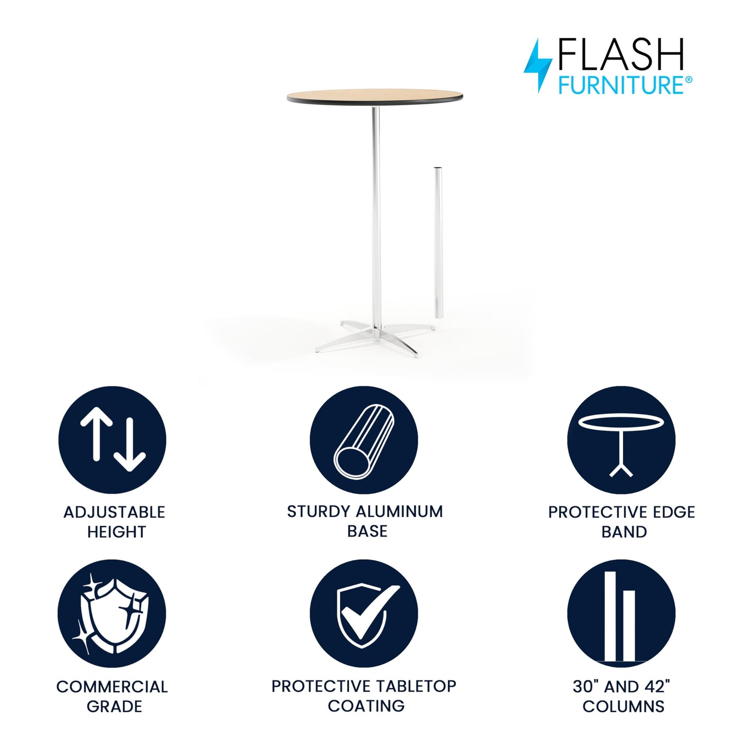 Flash Furniture Lars 30" Round Cocktail Table with 30" and 42" Columns, Adjustable Standard or Bar Height Round Table for Events or Home Use, Natural