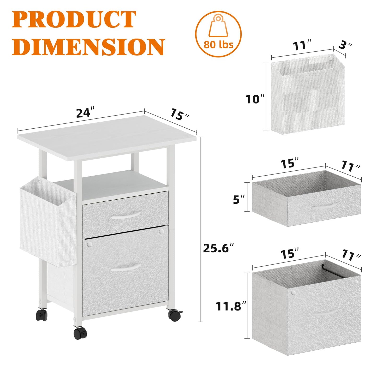 GYIIYUO 2 Drawer File Cabinet with 24'' Extended Desktop, Mobile Filing Cabinet, Rolling File Cabinet with Side Bag, Fabric Drawer, Fits A4/Letter Size, Printer Stand Home Office, White