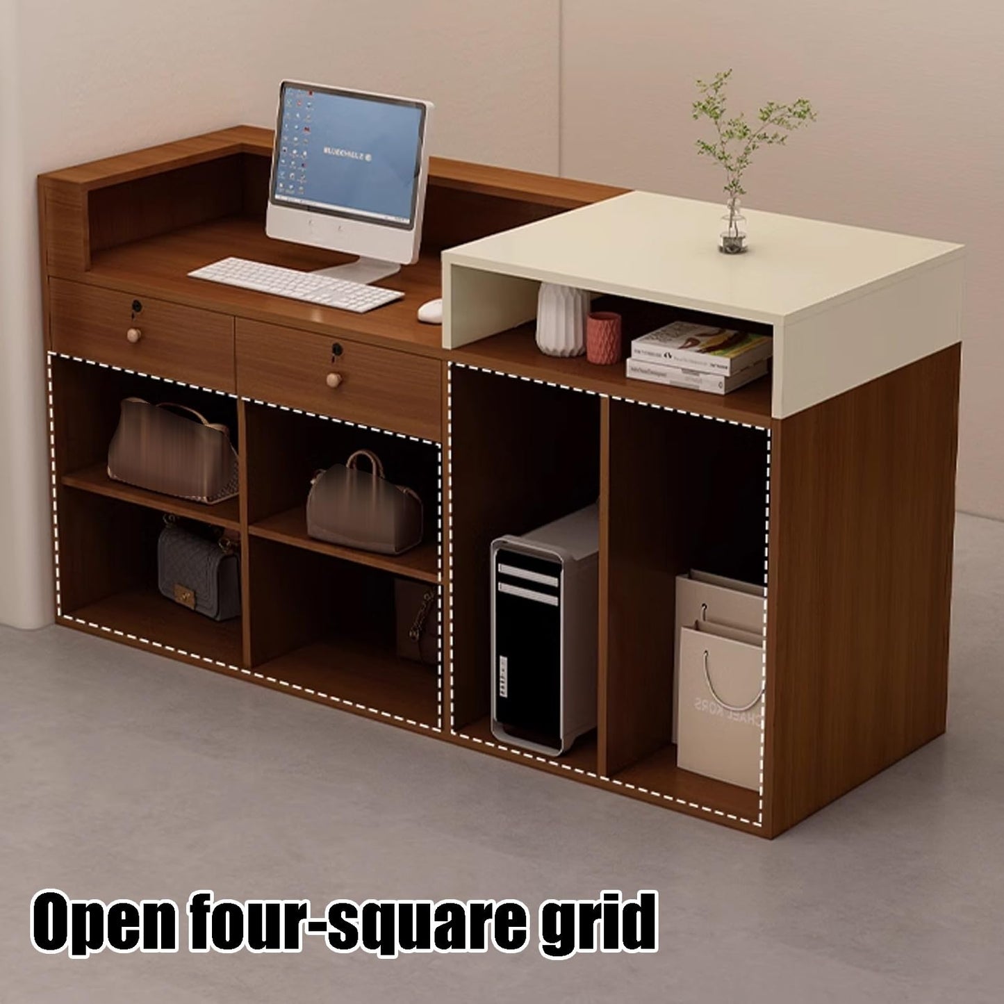 Modern Reception Desk with Lockable Drawer, Stylish Wood Front Counter for Retail Checkout Station, Ideal for Convenience Store & Clothing Shop (Black & White, 100cm/39.3in)
