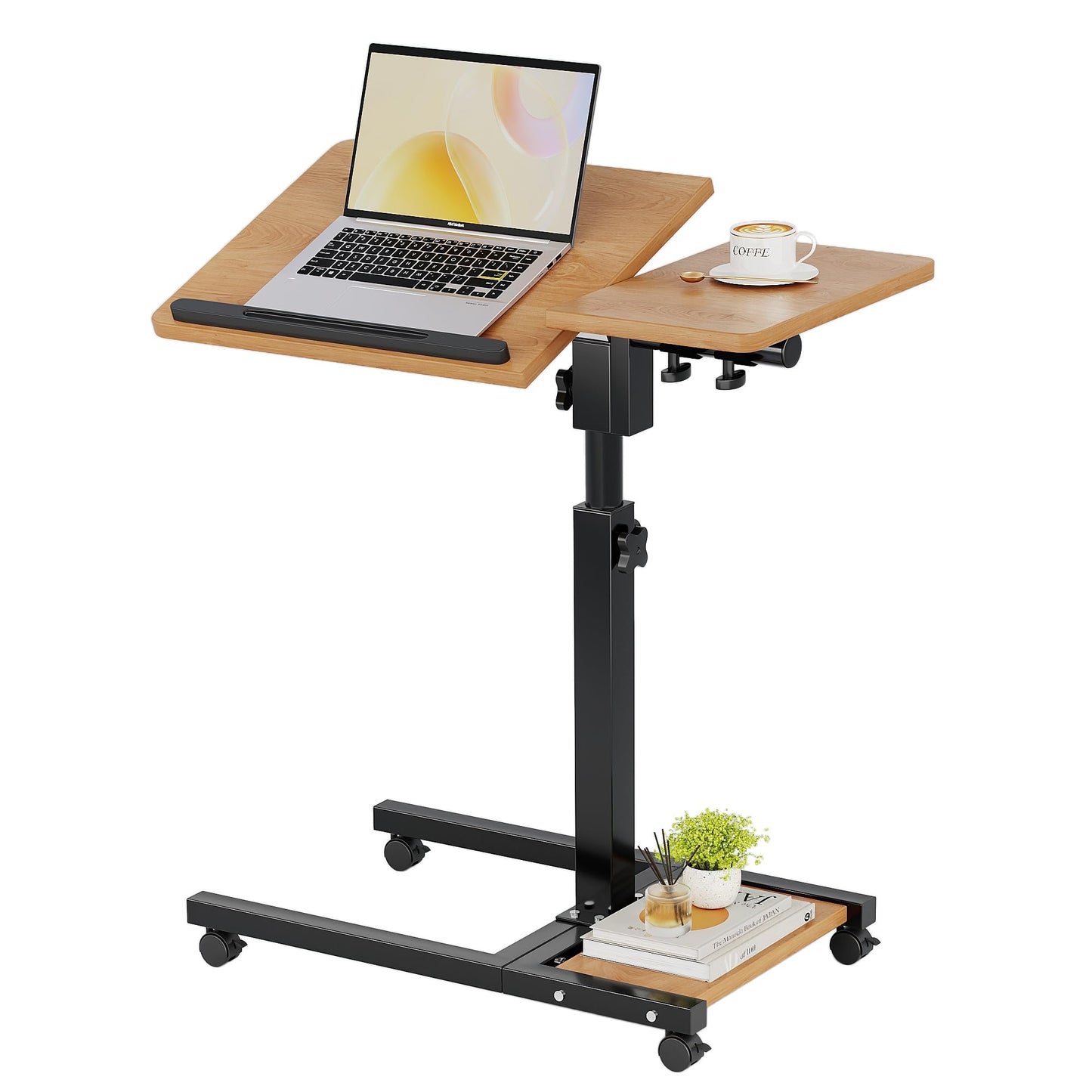 Furist Mobile Adjustable Height Laptop Stand PC Computer Portable Notebook Swivel Laptop Desk Rolling Table Desk Cart Tiltable with Wheels Casters& Mouse Pad Table，Natural