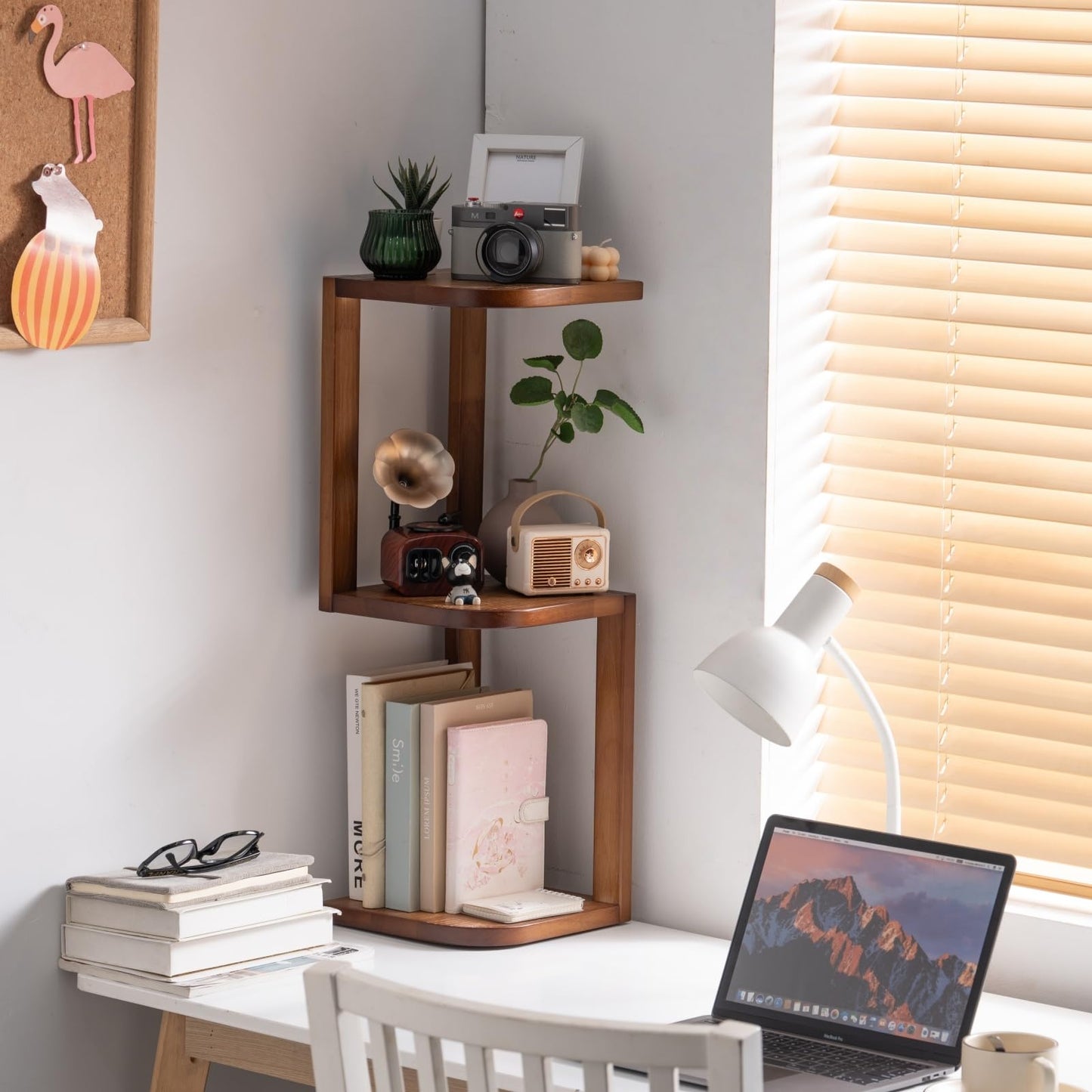 Artibamboo Corner Shelf Stand Desk Organizer,26.8" H Rubberwood Brown Rack for Small Spaces, Bedroom,Home Office,Kitchen,Bathroom (Walnut, 3 Tier)
