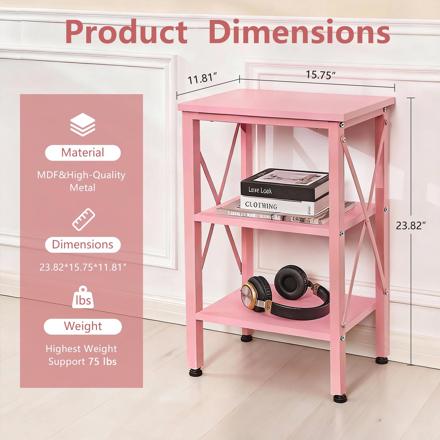 VECELO End Table Set of 2, Bedside Table, 24" Tall Living Room End Tables, X-Design Reinforced Nightstands, Side Table with 3-Tier Storage Shelves for Small Spaces, Office, Bedroom, Pink