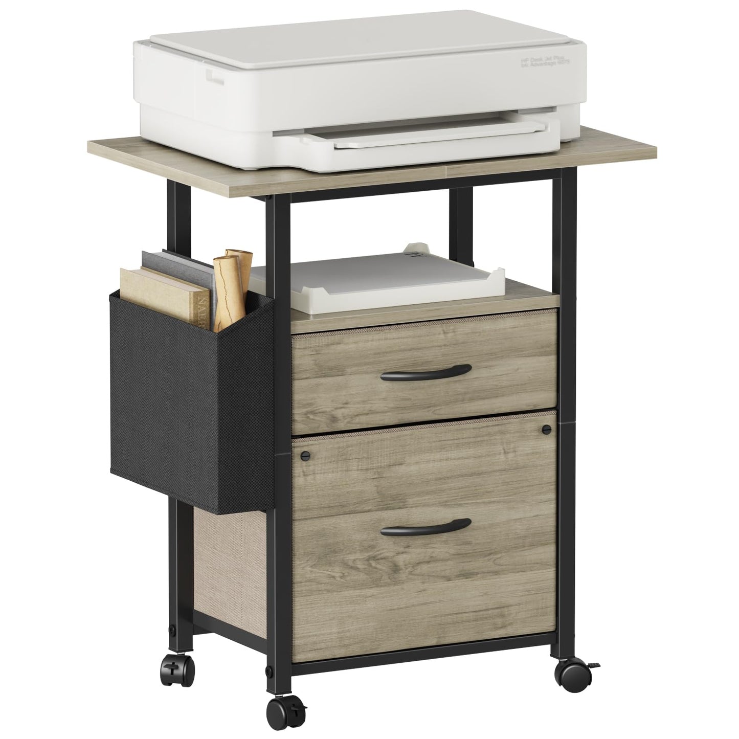 GYIIYUO 2 Drawer File Cabinet with 24'' Extended Desktop, Mobile Filing Cabinet, Rolling File Cabinet with Side Bag, Fabric Drawer, Fits A4/Letter Size, Printer Stand Home Office, Oak Grey