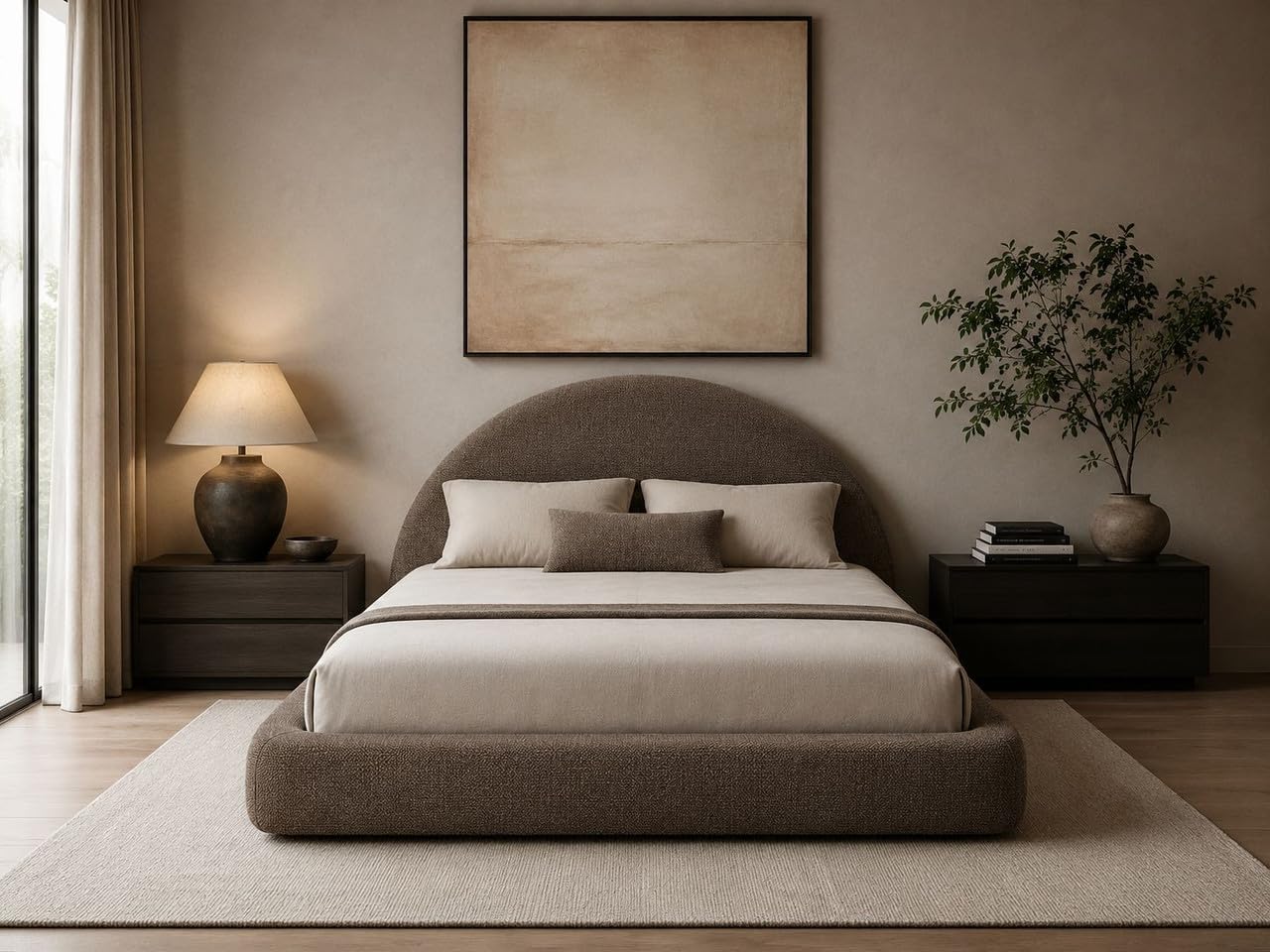 Cloud Frame Round Bed – Washable Zip Cover - Upholstered Linen Soft Foam - Modular Minimalist Modern - Half Circle Moon - Sold Sold Separately (Brown Linen Premium, Queen Headboard)