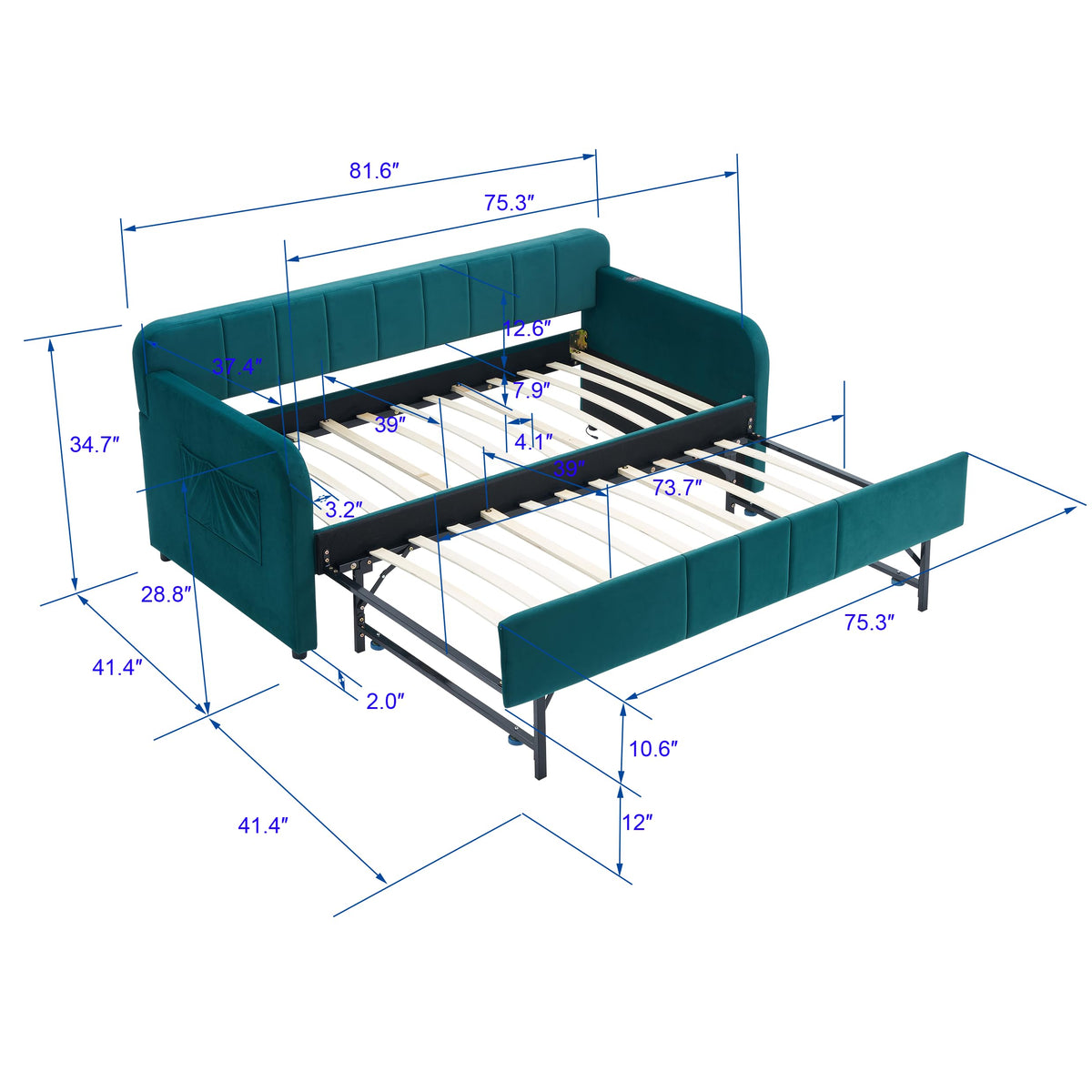 Ball & Cast Twin Size Daybed with Pop up Trundle,Velvet Upholstered Day Bed Frame with Channel Tufted Backrest,Extendable Trundle Bed with USB Port & Side Pocket,Twin to King Design,Emerald
