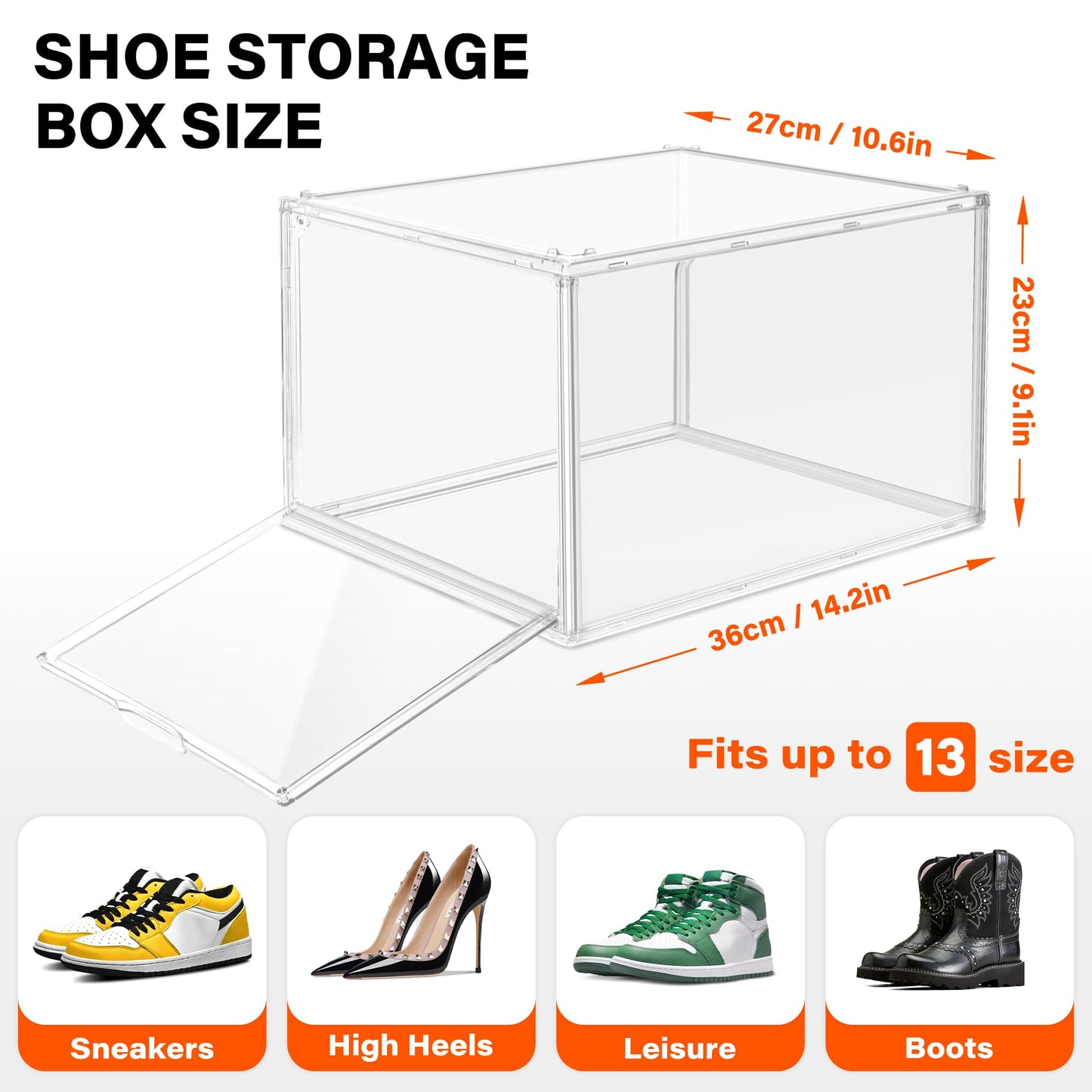 12 Pack Drop Front Shoe Boxes Acrylic Shoe Display Case Fit US Size 13, Clear Stackable Hat Sneaker Shoe Organizer for Closet, Entryway, Underbed, Multiple Display Cases for Hats, Figures, Sneakers
