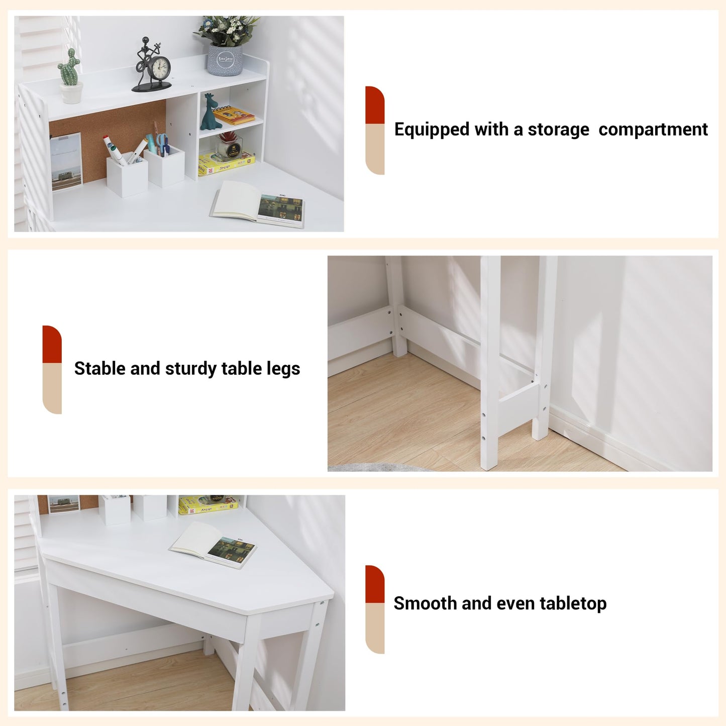 GarveeHome Kids Corner Desk and Chair Set, Children Study Table with Bookshelf, Bulletin Board, and Pen Holder, Writing Table for Boys and Girls, White