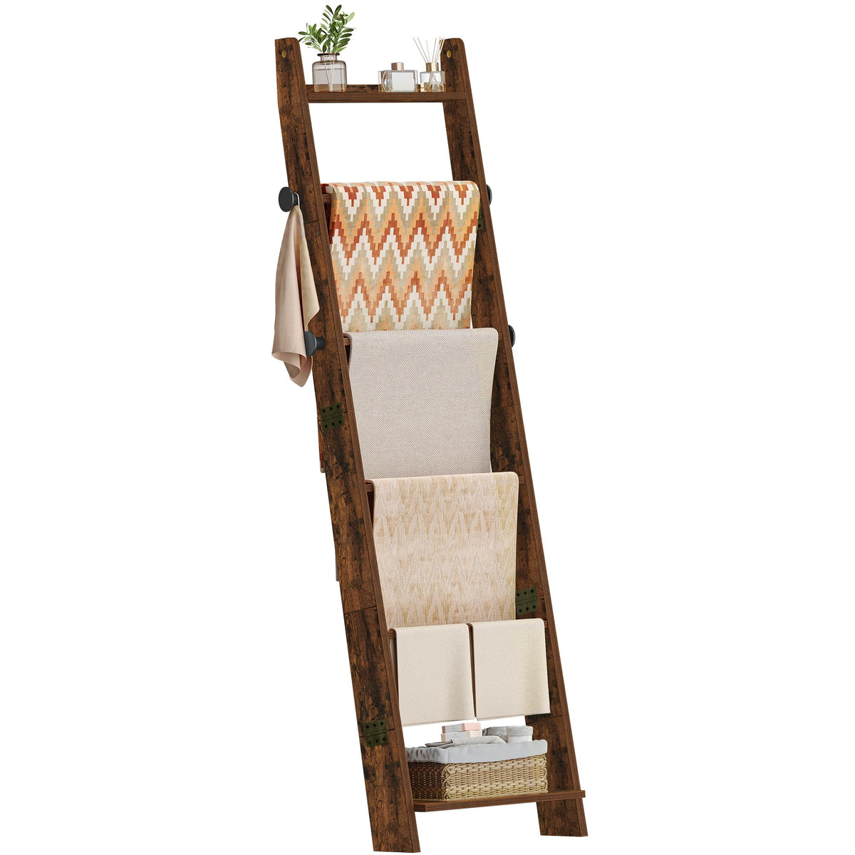 Hzuaneri Blanket Ladder for Living Room, Decorative Quilt Rack with 4 Removable Hooks, 6-Tier Blanket Ladder Shelf for Bedroom,Rustic Brown BR30601X