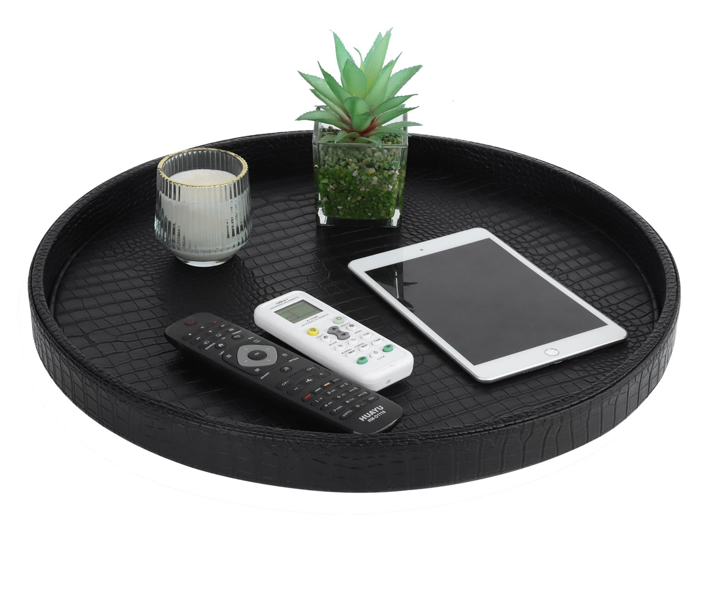 HofferRuffer Round Serving Tray 20'', Elegant Faux Leather Circle Ottoman Table Tray, Serve Tea Coffee Breakfast in Bedroom Living Room Kitchen (Classic Black)