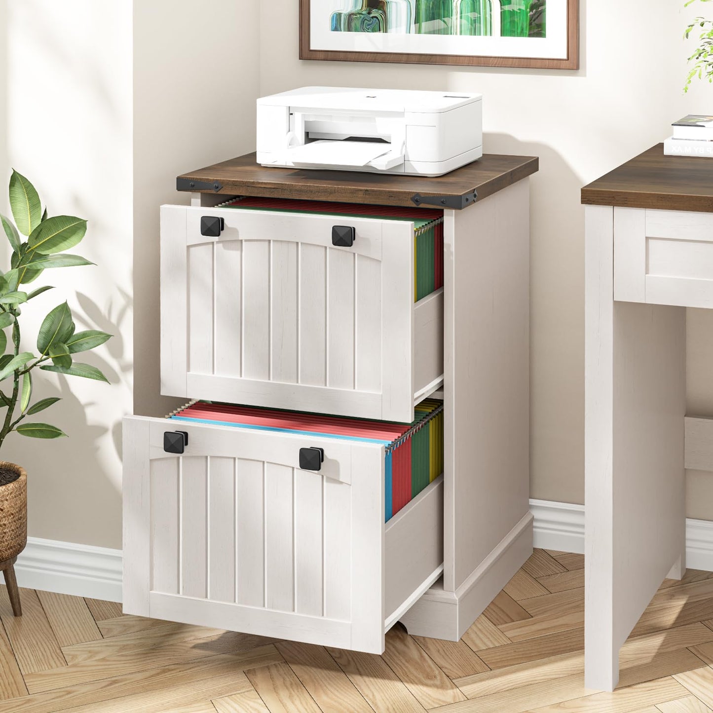 Halitaa 2 Drawer Small File Cabinet, Farmhouse Vertical Filing Cabinet Fits Letter and A4 Size, Under Desk Wooden File Cabinets for Home Office, Printer Stand, Rustic White
