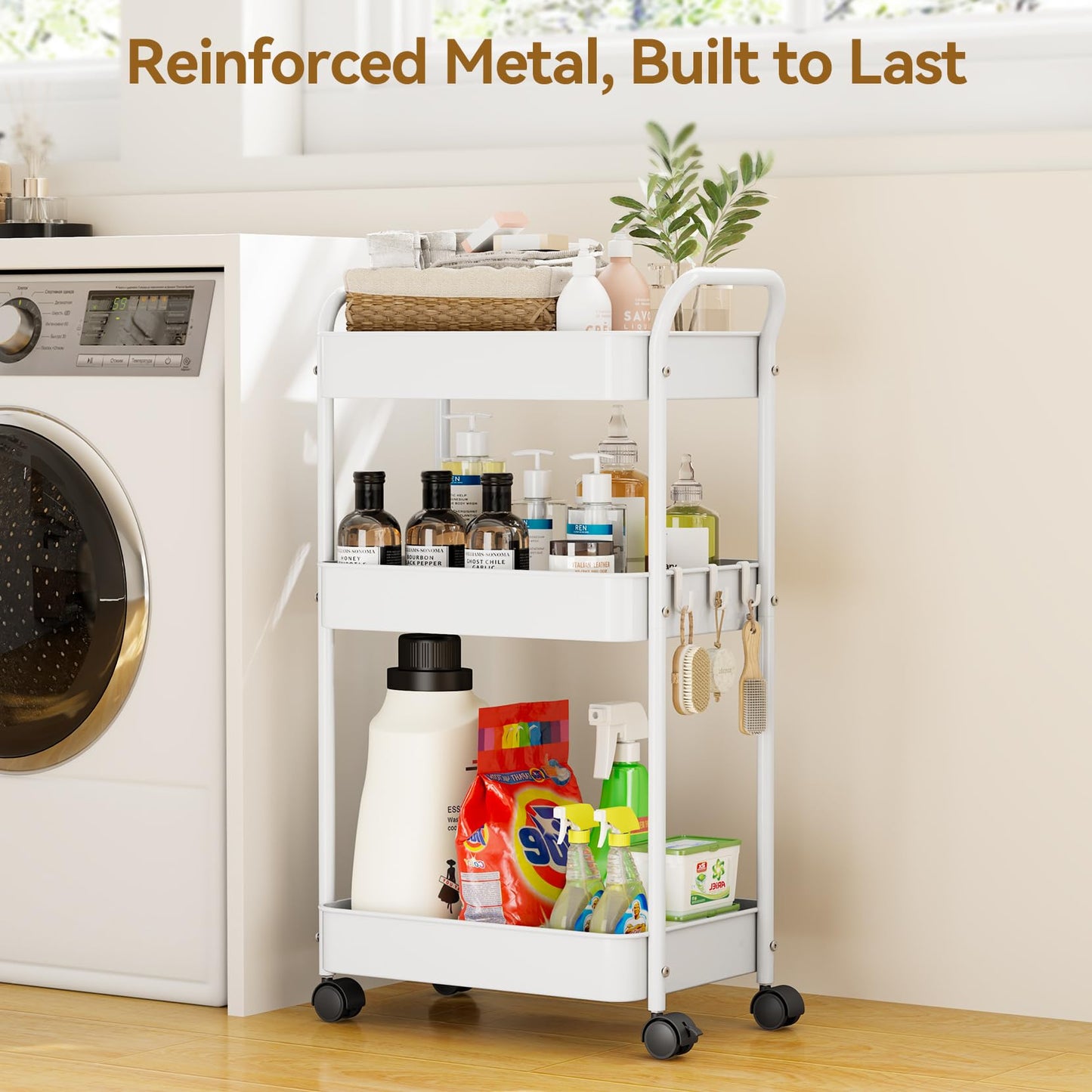 YASONIC 3-Tier Metal Rolling Cart, Sturdy Storage Utility Carts with Wheels, Multifunction Craft Art Organizer for Bedroom, Laundry, Garage, Office, Nursery, Bathroom, Easy Assembly (White)