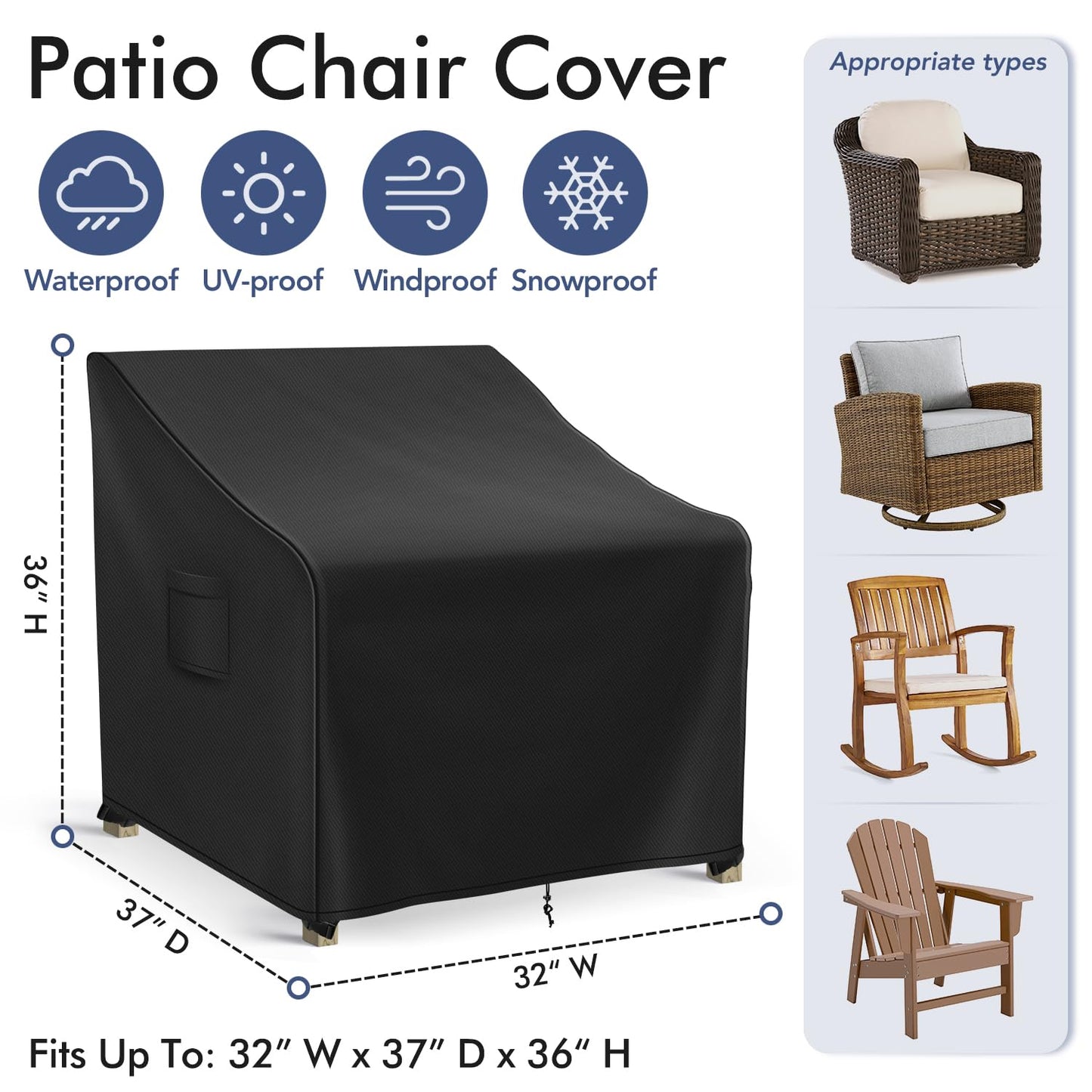 Richwon Adirondack Chair Covers Waterproof, Lawn Outdoor Chair Covers 2 Pack, Patio Chair Covers for Outdoor Furniture Fits up to 32W x 37D x 36H inches, Black
