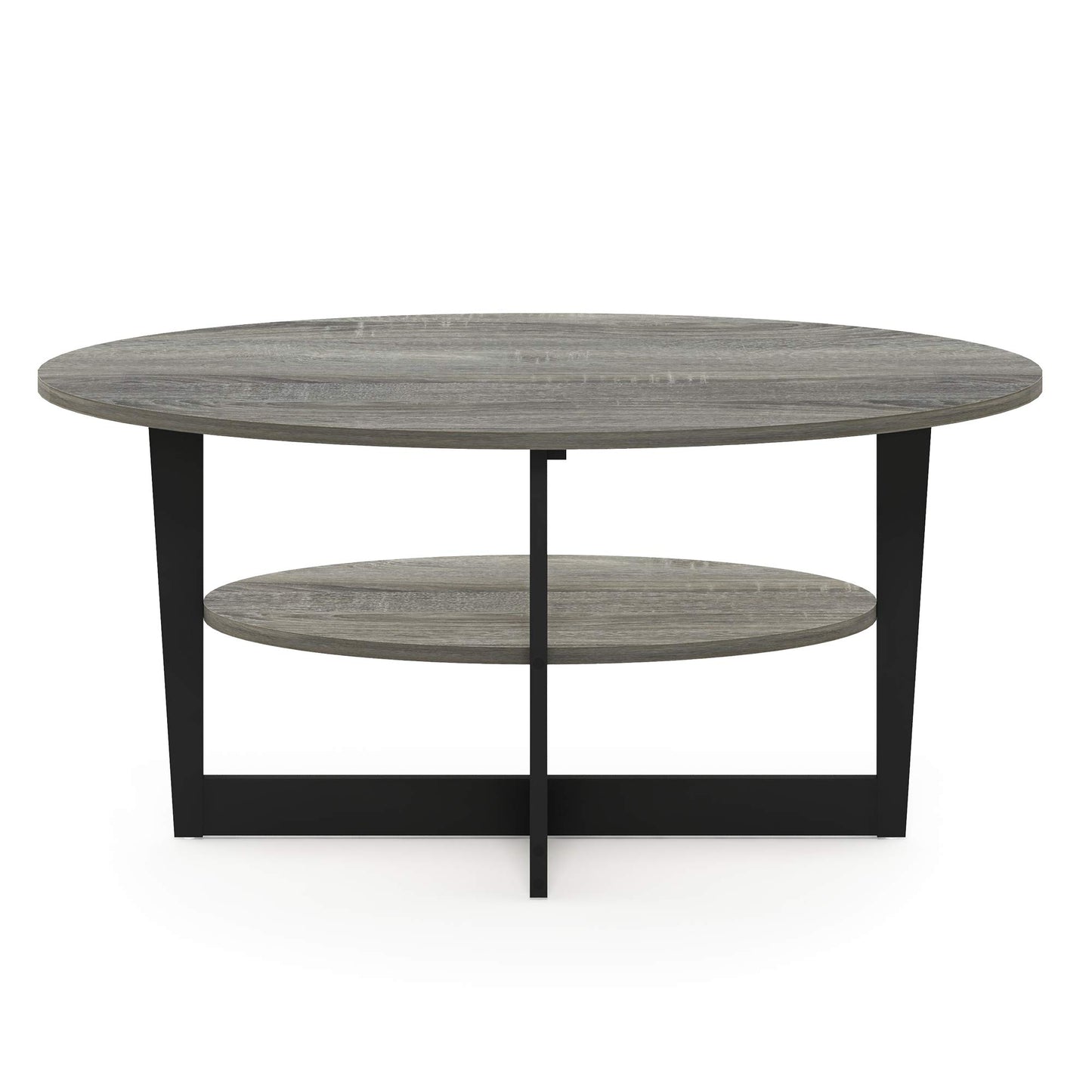 Furinno Jaya 2-Tier Round Coffee Table, Small Grey Coffee Table with Storage Shelf, Oval Center Table for Living Room, Bedroom, Home Office, Grey Oak