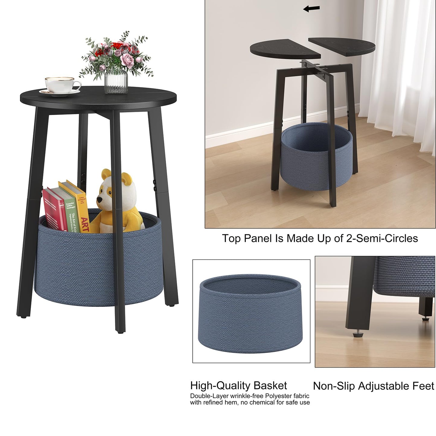 sthmec Small Round Side End Table Set of 2 with Cloth Storage Basket, Round Bedside Sofa Couch Coffee Tables for Small Places with Metal Frame, Modern Nighstands for Living Room Bedroom,Black