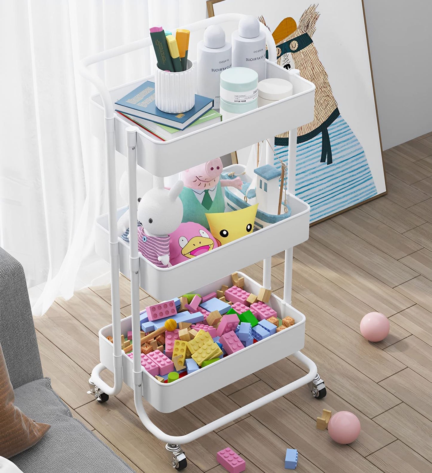 Sooyee 3 Tier Utility Cart,Rolling Cart with Handle and Lockable Wheels, Multi-Functional Storage Cart for Office, School,Living Room, Kitchen, Bathroom, Bedroom,Laundry, White