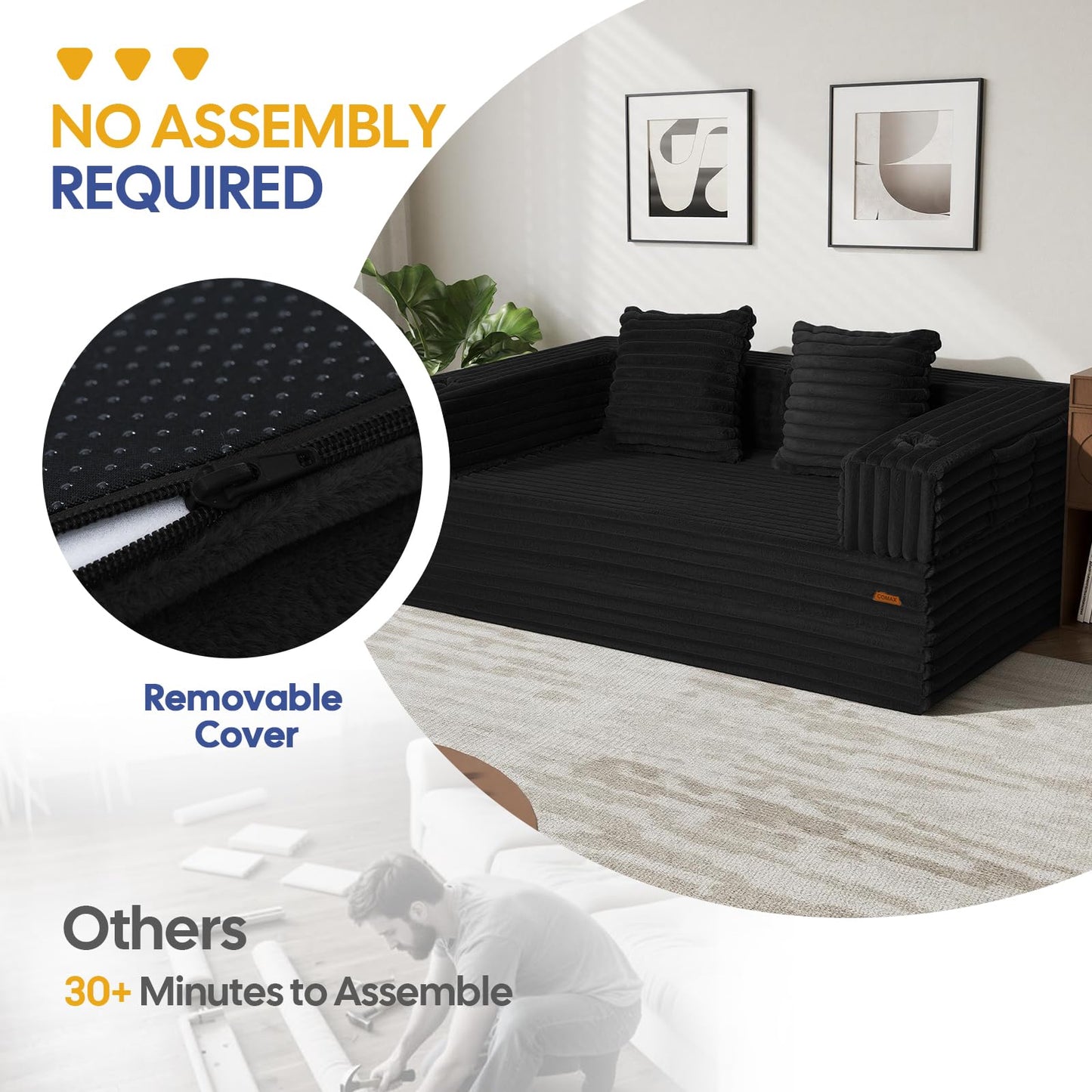 COMAX Futon Sofa Bed, 4‑in‑1 Convertible Sofa Bed, Boneless Couches for Living Room, Fold Out Small Foldable Loveseat Space‑Saving, Jet Black