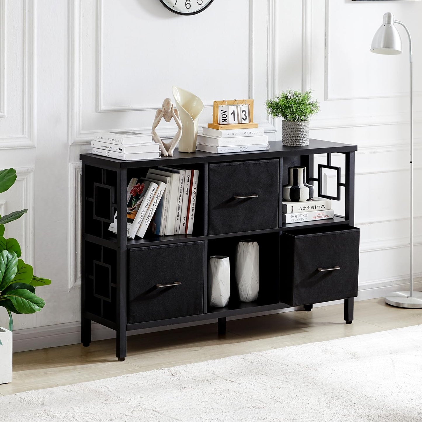 HOMISSUE 6 Cube Storage Organizer Shelf, Rustic Short Bookshelf with 3 Storage Bins, Industrial Horizontal Bookshelf with Metal Frame, Low and Wide Cube Bookcase for Living Room and Office, Black