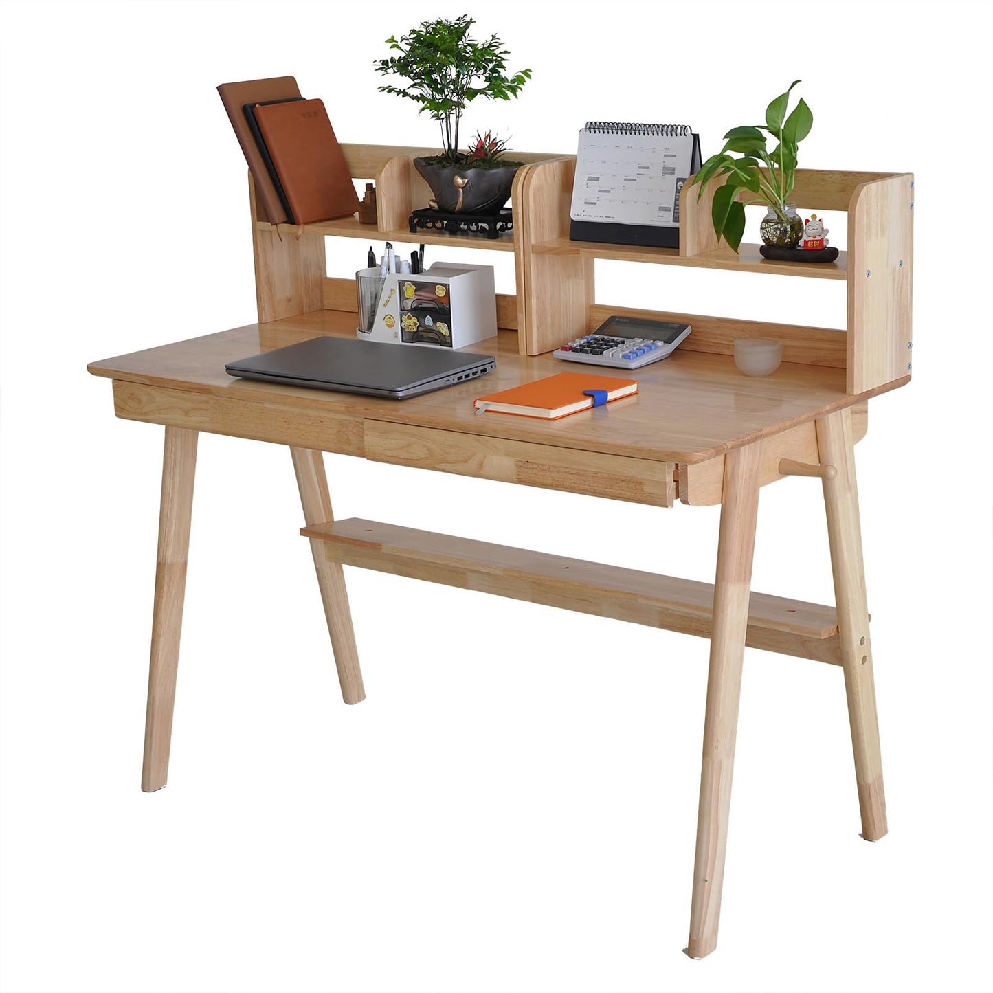 BuyUp Writing Desk Mid Century Modern and 2 Desktop Hutch for Home & Office & Dorm, Natural