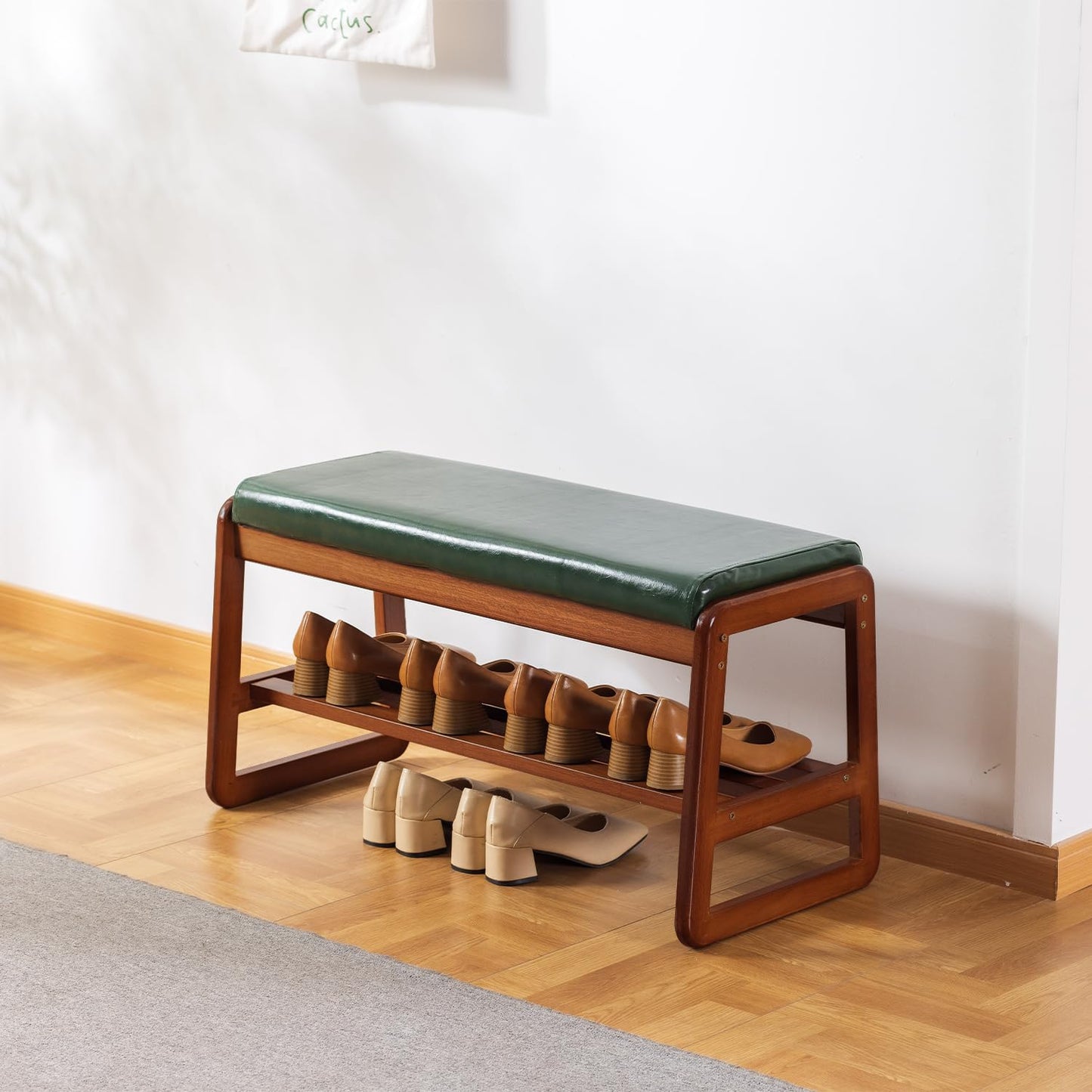 SOBIBO Solid Wood Shoe Bench, 2-Tier Wooden Entryway Bench, Modern Shoe Rack with Faux Leather Cushion for Hallway, Living Room (Green, 31.5'')