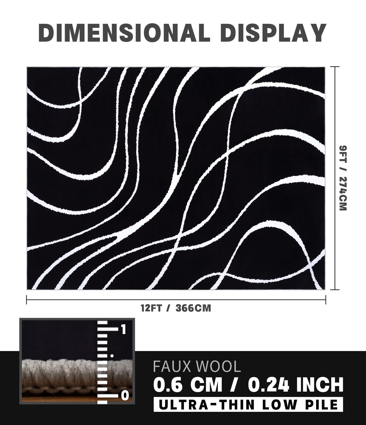 YIHOUSE Black Modern Area Rugs 9x12,Large Black and White Washable Rug for Living Room,Thin Abstract Geometric Rug,Minimalist Striped Rugs for Bedroom,Office