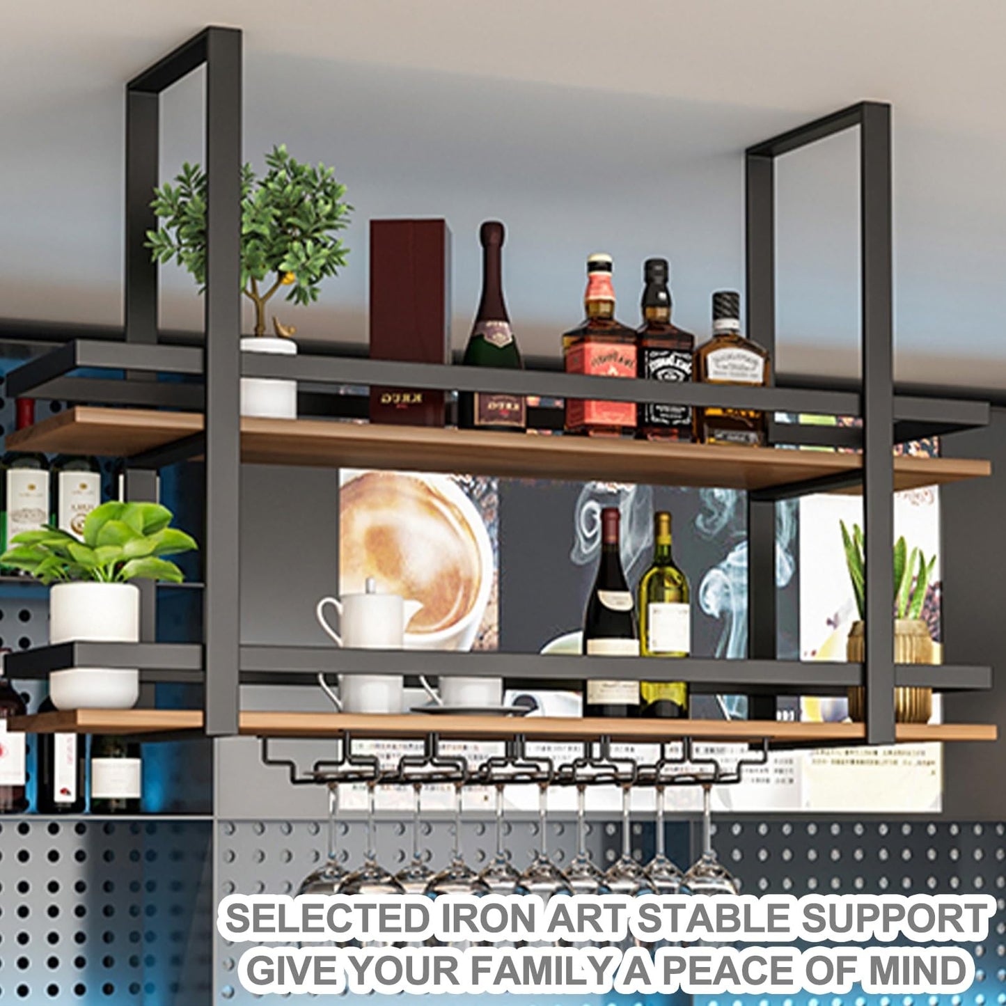 GFRWKCEX Ceiling Shelves Hanging Wine Racks Upside Down Wine Glass Holder Plant Flower Pot Stand Metal Organizer Shelves for Bar Cafe Restaurant(100x30x80cm)