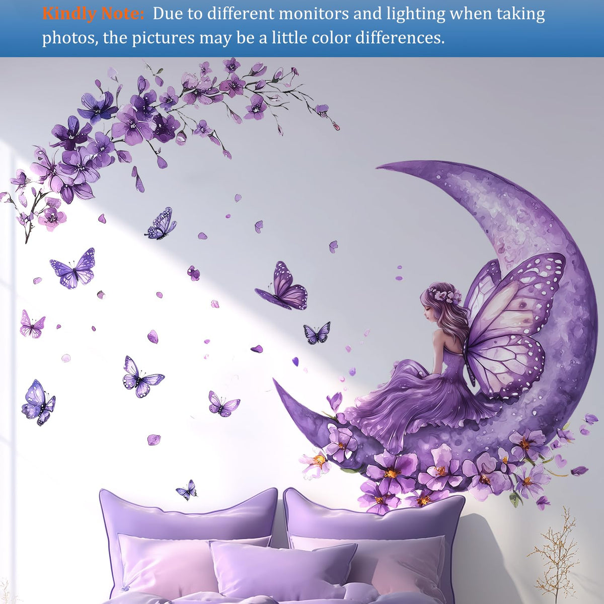 VePret Purple Fairy Wall Decals Peel and Stick, Butterflies Moon Flowers Wall Stickers, Removable Vinyl Home Decor Art for Girls Bedroom Baby Nursery Daycare
