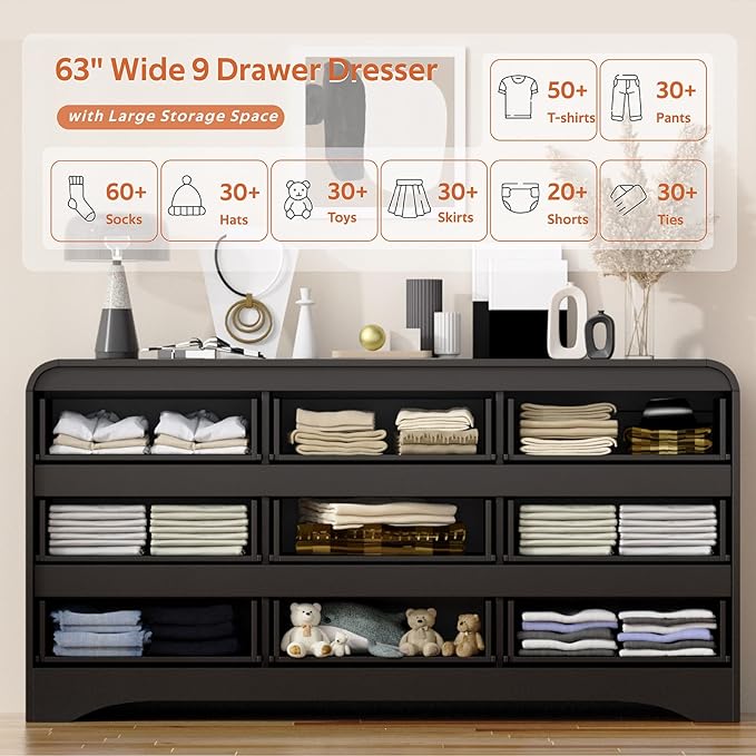 4 Piece Bedroom Set, Dresser and Nightstand Sets, Modern Wooden Large 9 Drawers