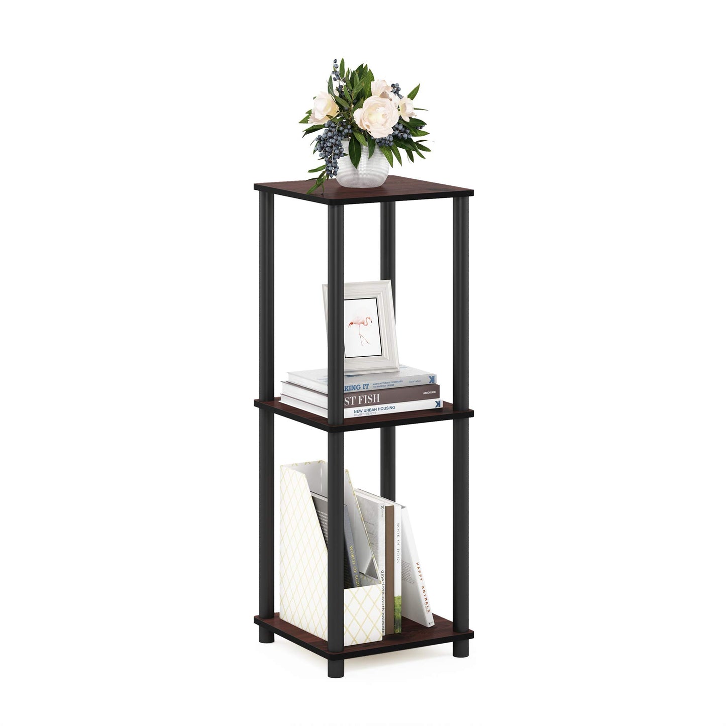 Furinno Turn-N-Tube End Table Corner Shelves, Set of 2, Dark Cherry/Black