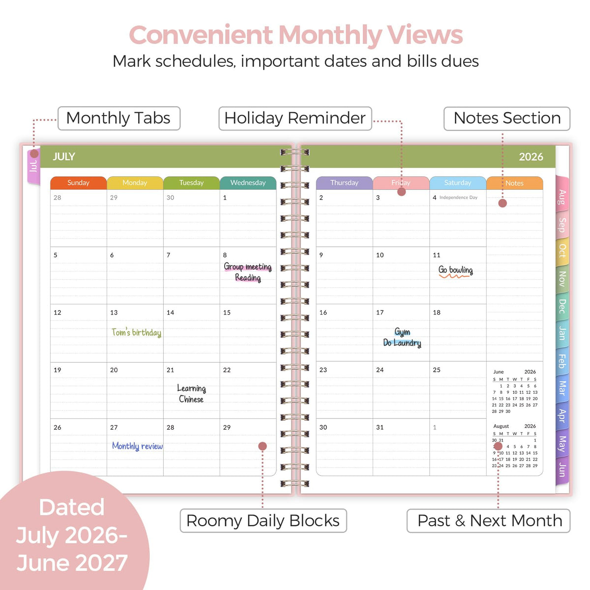 SKYDUE Teacher Planner 2026-2027 Academic Year, 8.5" x 11" Lesson Plan Book, July 2026-June 2027, 162 Pages, Monthly Tabs, Stickers, Weekly Lesson Planning, Student Tracking & Classroom Organization, Pink