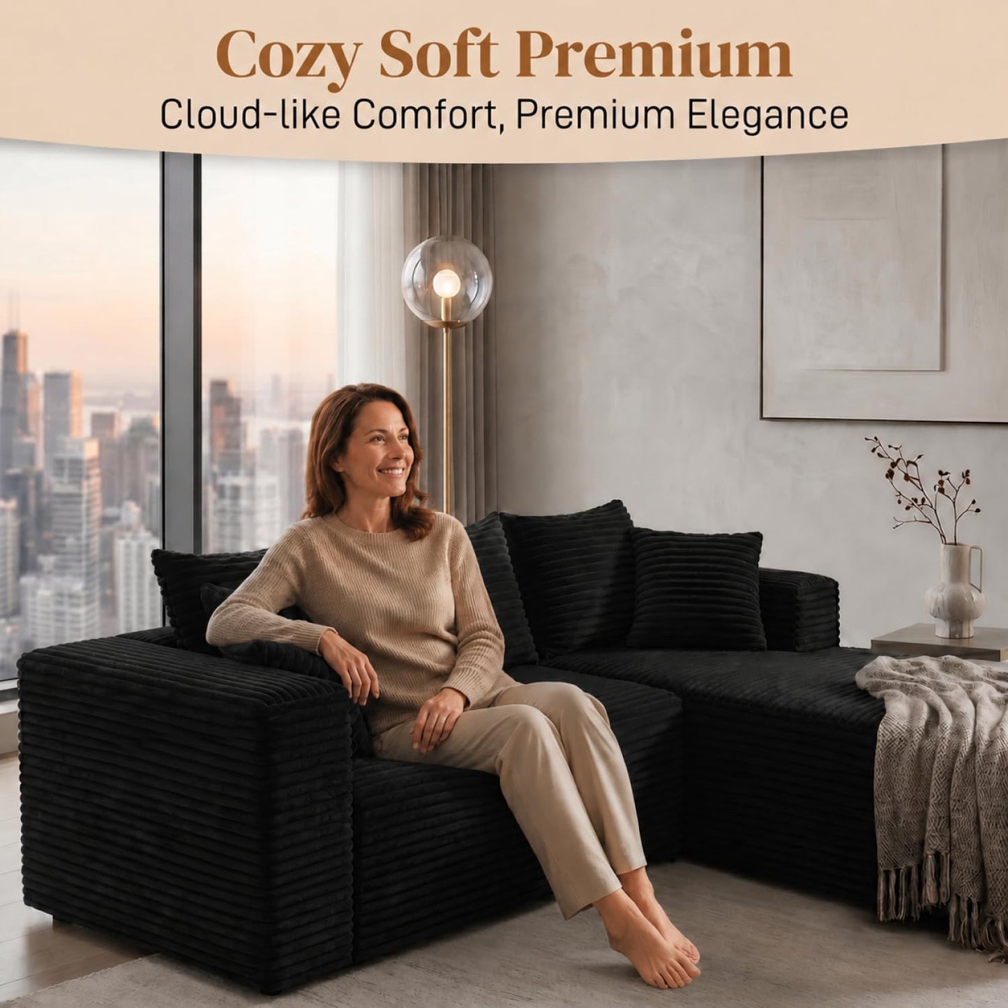L-Shaped Sectional Sofa Corduroy Couch, All Sponge No Frame No Springs Sofa, Modern Modular Fabric Sofa with Pillows for Living Room Bedroom Apartment (Black（L） Left Module)
