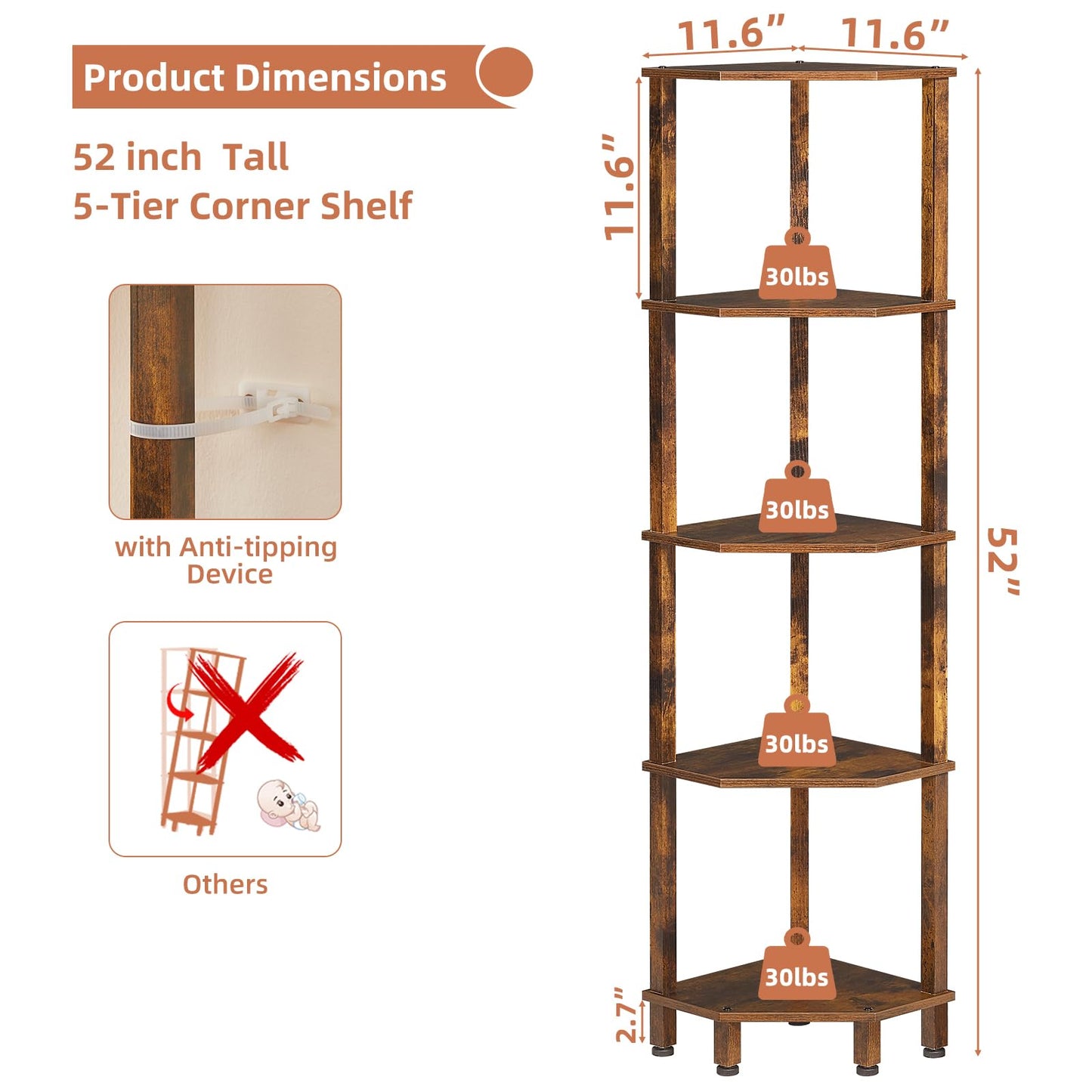 YUFAM 5-Tier Corner Shelf with Sturdy 5-Leg Base, Wooden Corner Bookshelf for Small Spaces, Corner Standing Shelf for Living Room, Bedroom, Office, Brown