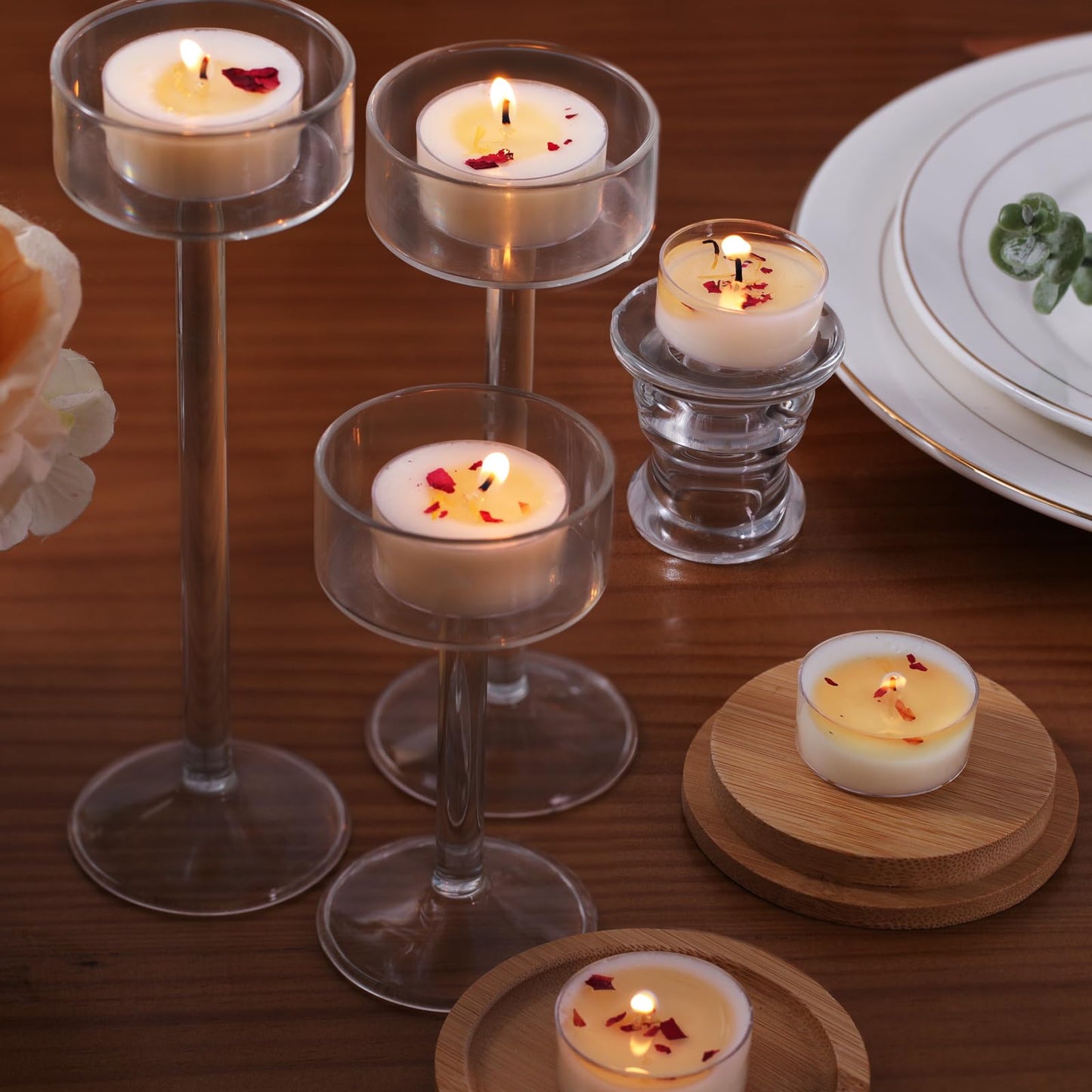16Pcs Rose Scented Tealight Candles, Palm Wax White Tea Lights, 4h Long Burning Tea Light Candles with Dried Flowers for Holiday, Wedding, Spa, and Home Decoration