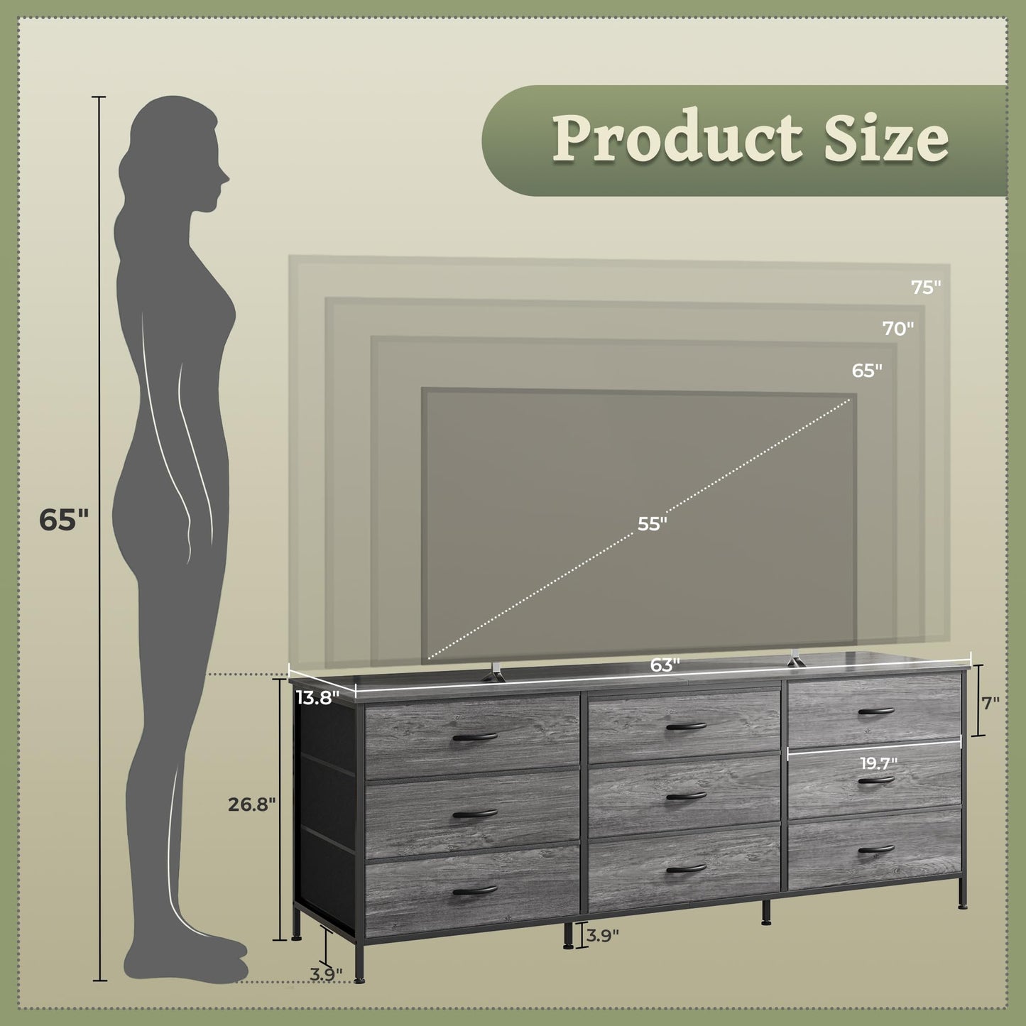 Huuger 63 Inch Dresser for Bedroom, Long Dresser for Closet with 9 Drawers, Large TV Stand for 55, 65, 70 Inch TV, Entertainment Center with Storage, Wide Chest of Drawers, Grey