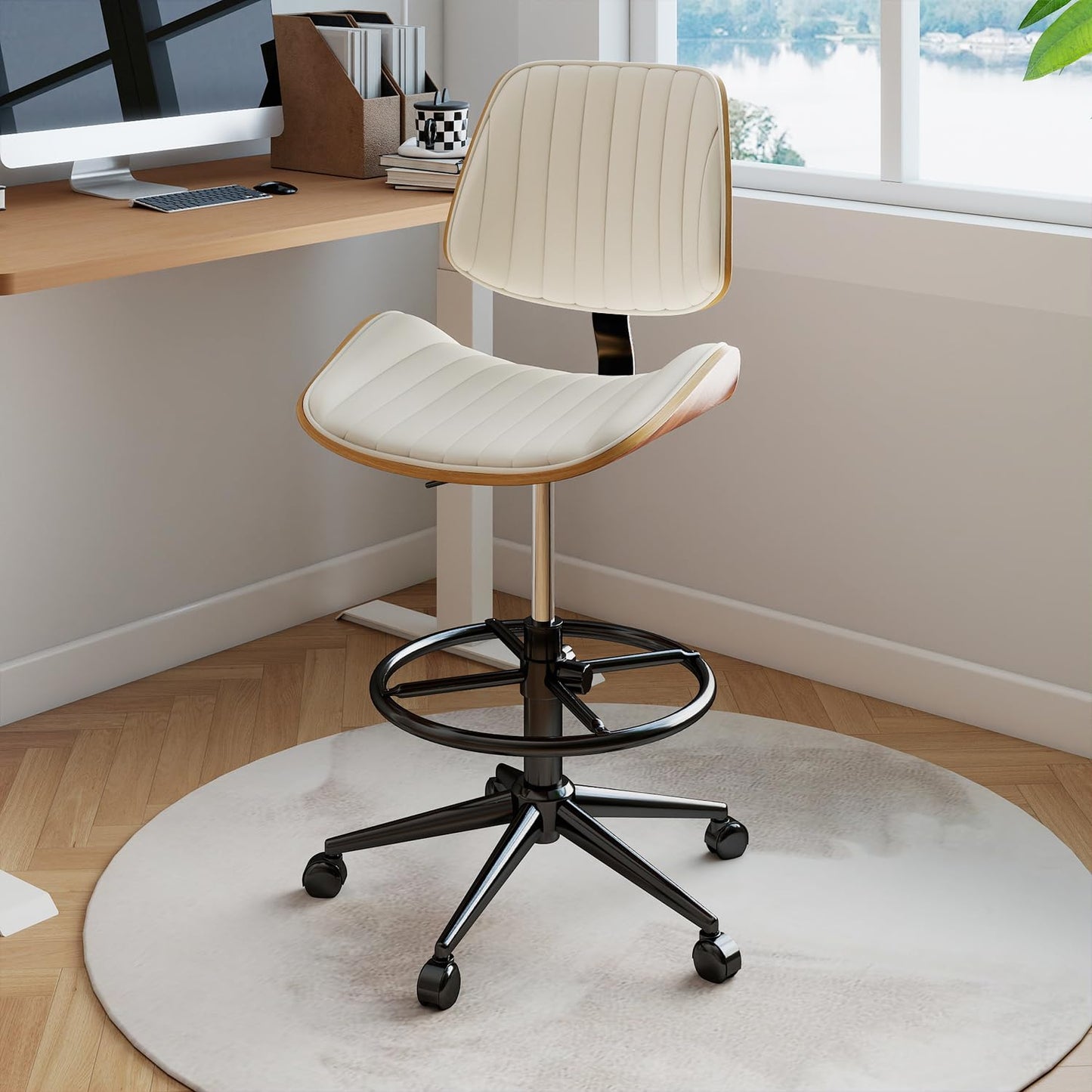 Rongbuk Drafting Chair, Ergonomic Office Chair with Walnut Wood Back Support, Armless PU Leather Desk Chair with Height-Adjustable, Thick Cushion for Home, Bar, Drafting, Office (Beige)