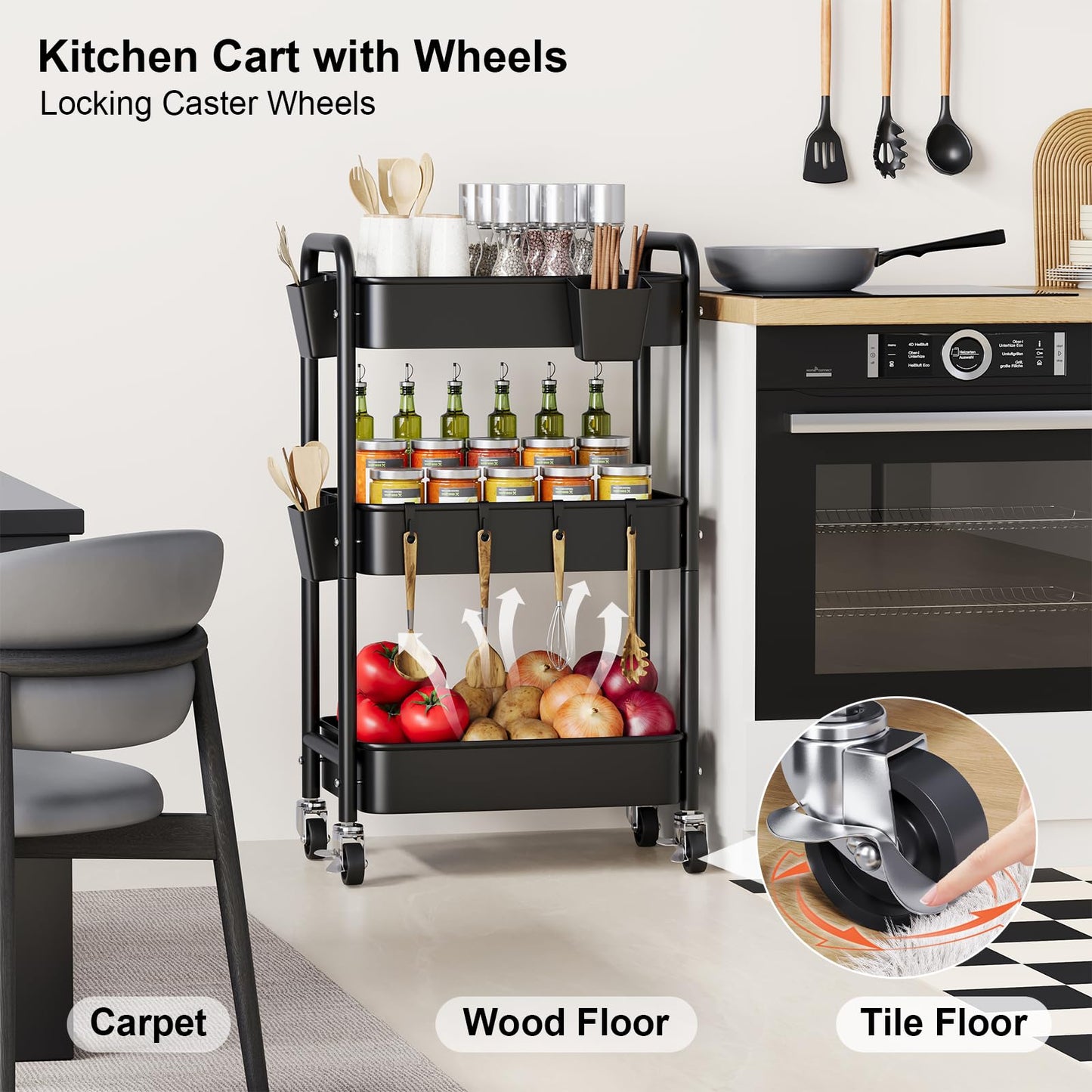 3 Tier Rolling Cart Metal with Wheels, Black Three Tiered Art Cart Organizer on Wheels, Storage Utility Trolley Carts for Kithcen, Craft, Nail, Lash, Makeup, Salon,Bedside, Bathroom, Office, Snack