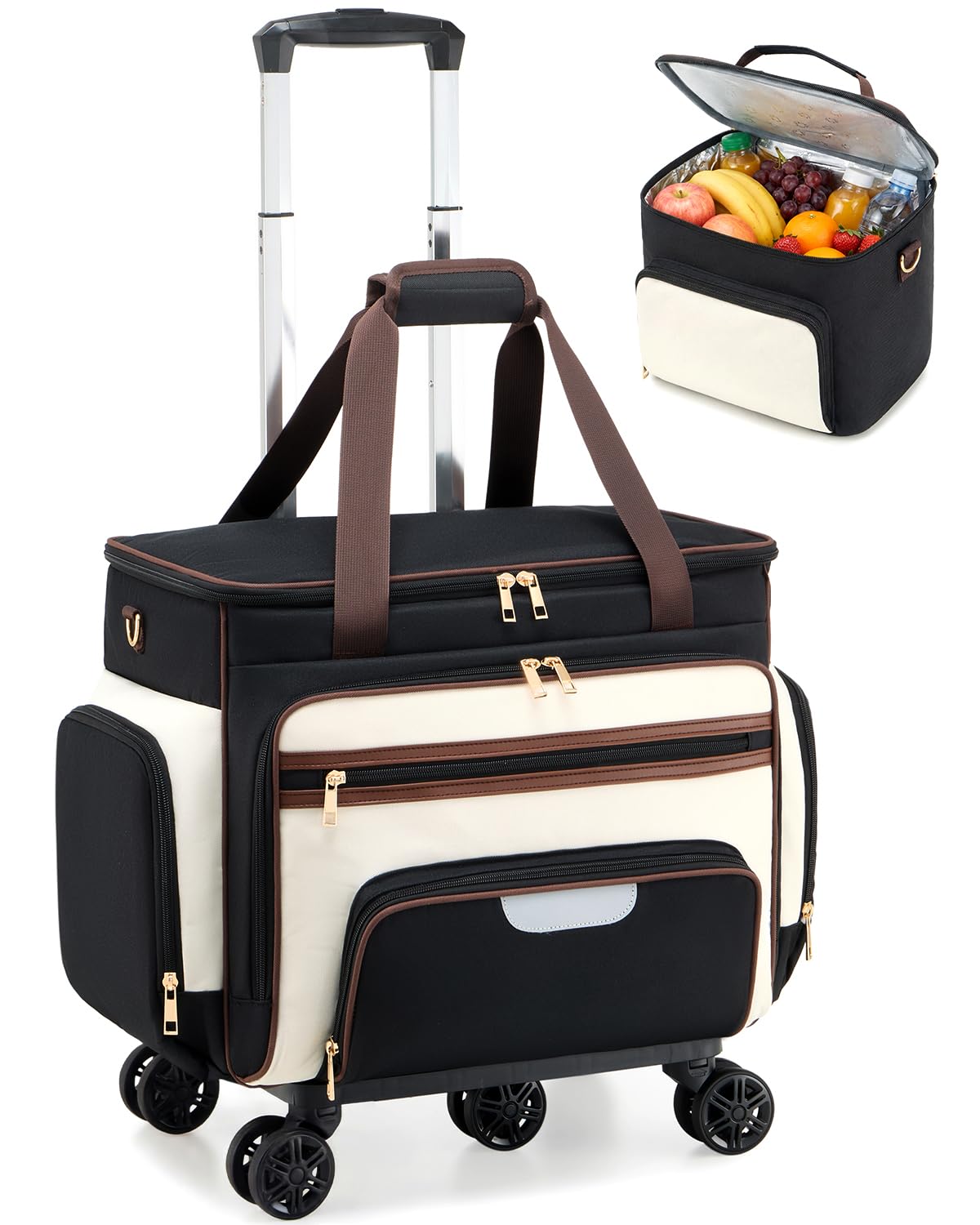 Amythe Rolling Teacher Tote Bag with Accordion File Organizer, 5-Wheel 15.6" Laptop Briefcase with Lunch Box, Wheeled Work Bag for Business, Office, Craft-Black