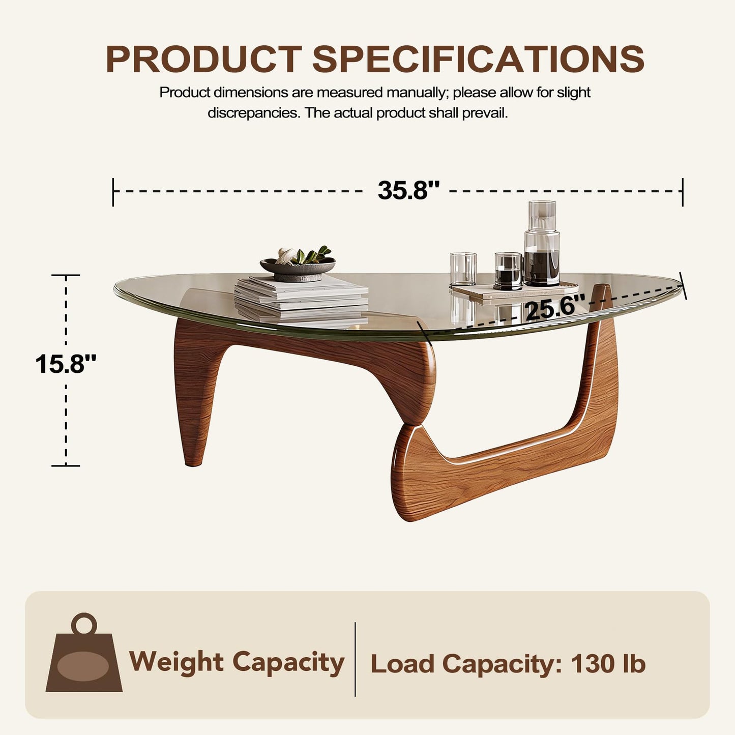 Modern Coffee Table for Living Room Retro Center Table with Wood Base & Triangle Brown Glass Top Abstract Noguchi Coffee Tables for Home Office 112