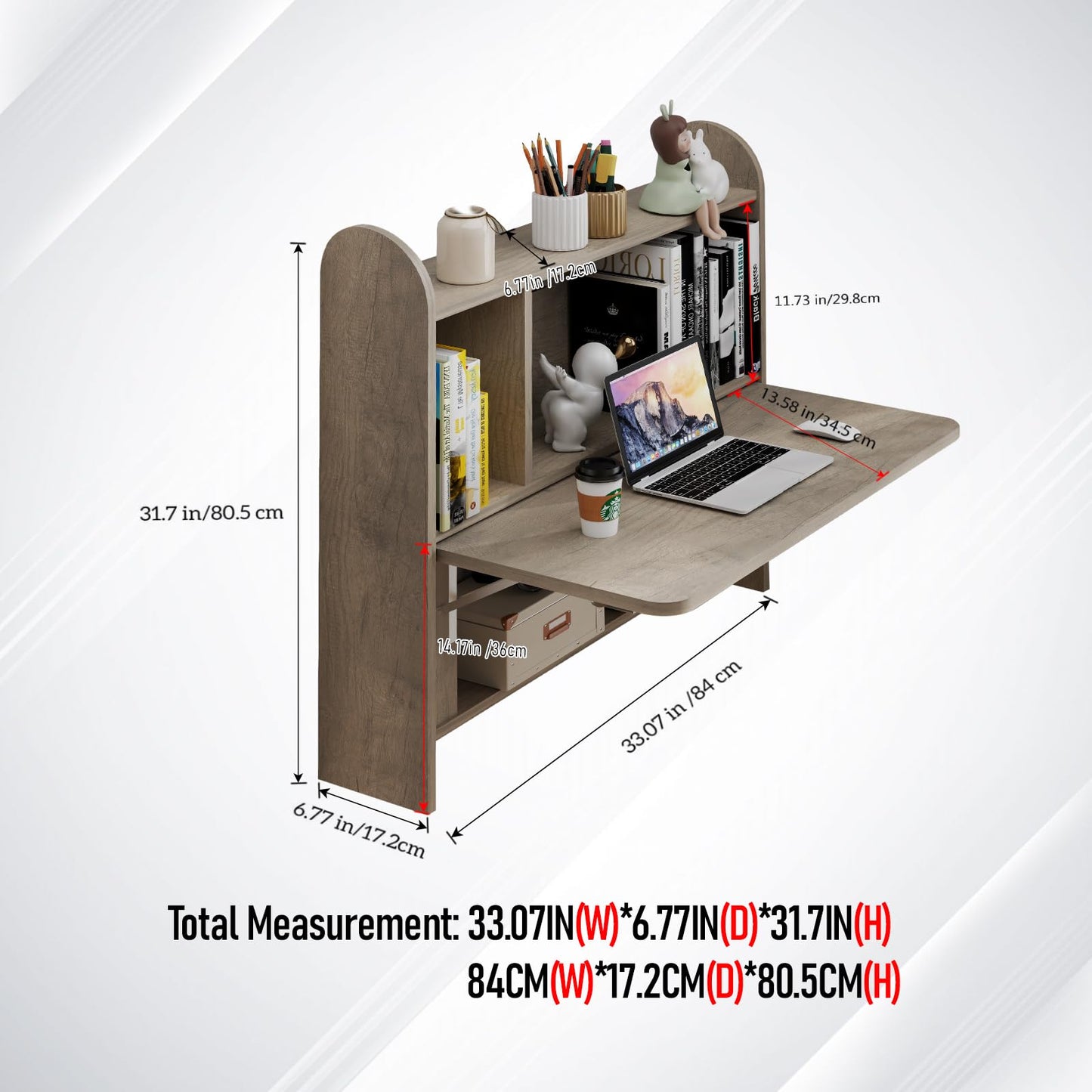 TuckTect Wall Mounted Drop-Leaf Table, Floating Laptop Desk, Folding Table with Shelves, Multifunctional Computer Workstation with Storage Compartments in Home Office for Space Saving (Rustic Oak)