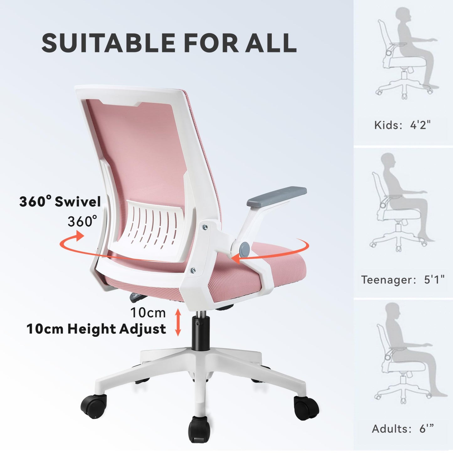 COMHOMA Office Chair with Flip-up Armrests Ergonomic Computer Desk Chair with Adaptive Lumbar Support & Breathable Mesh, Pink